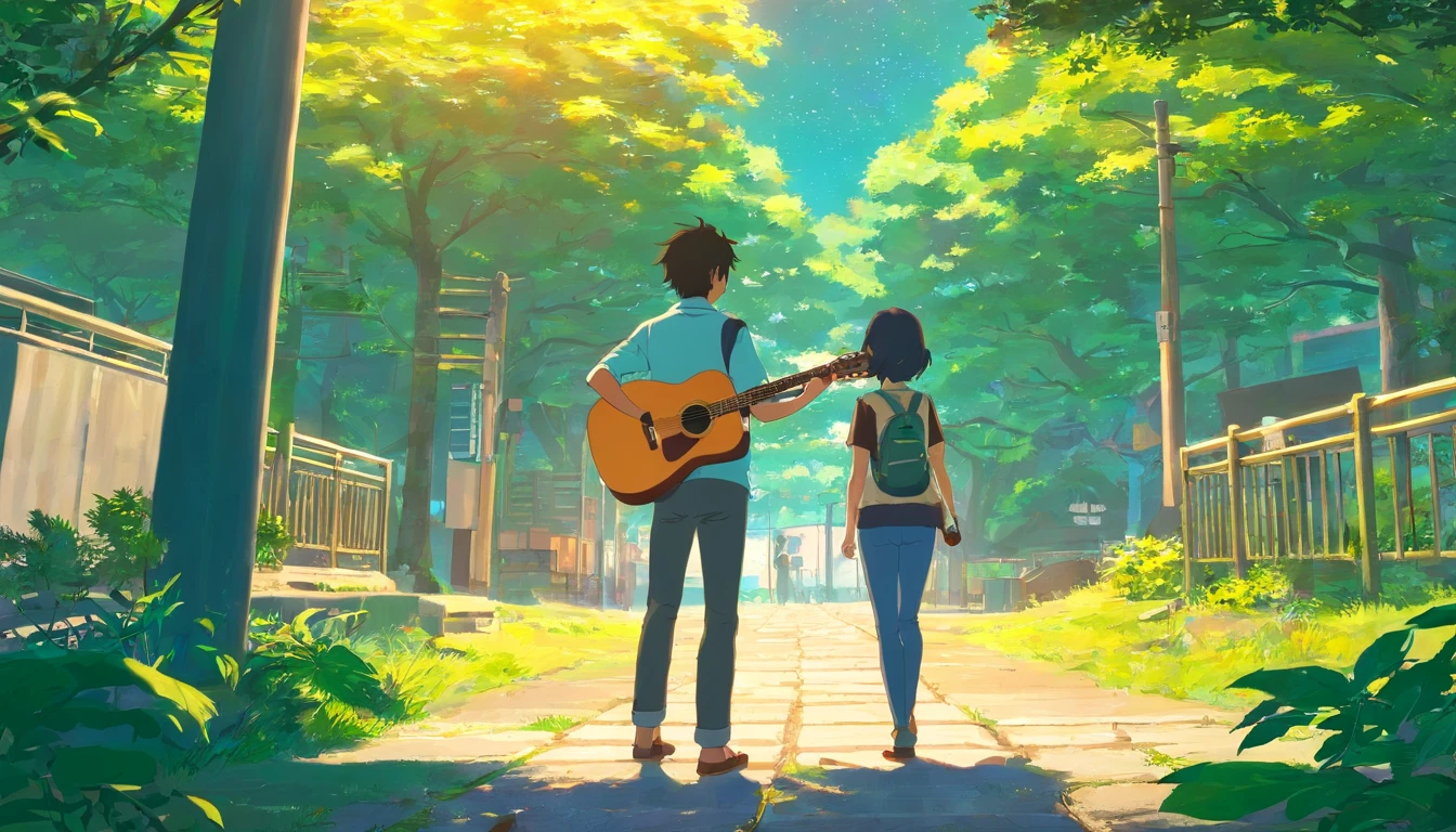 um menino, homem , acoustic guitar, em uma cidade americana, com uma paisagem escura e um pouco sombria.