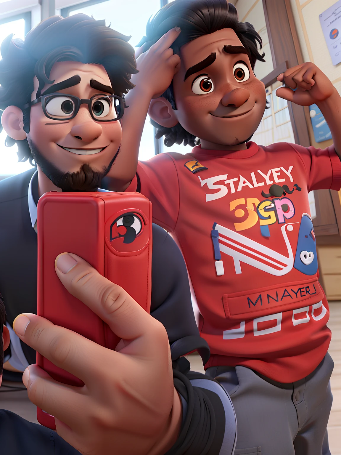 Stanley um homem moreno de cabelo Black com seu filho moreno de cabelo Black muito descolado Disney Pixar alta qualidade