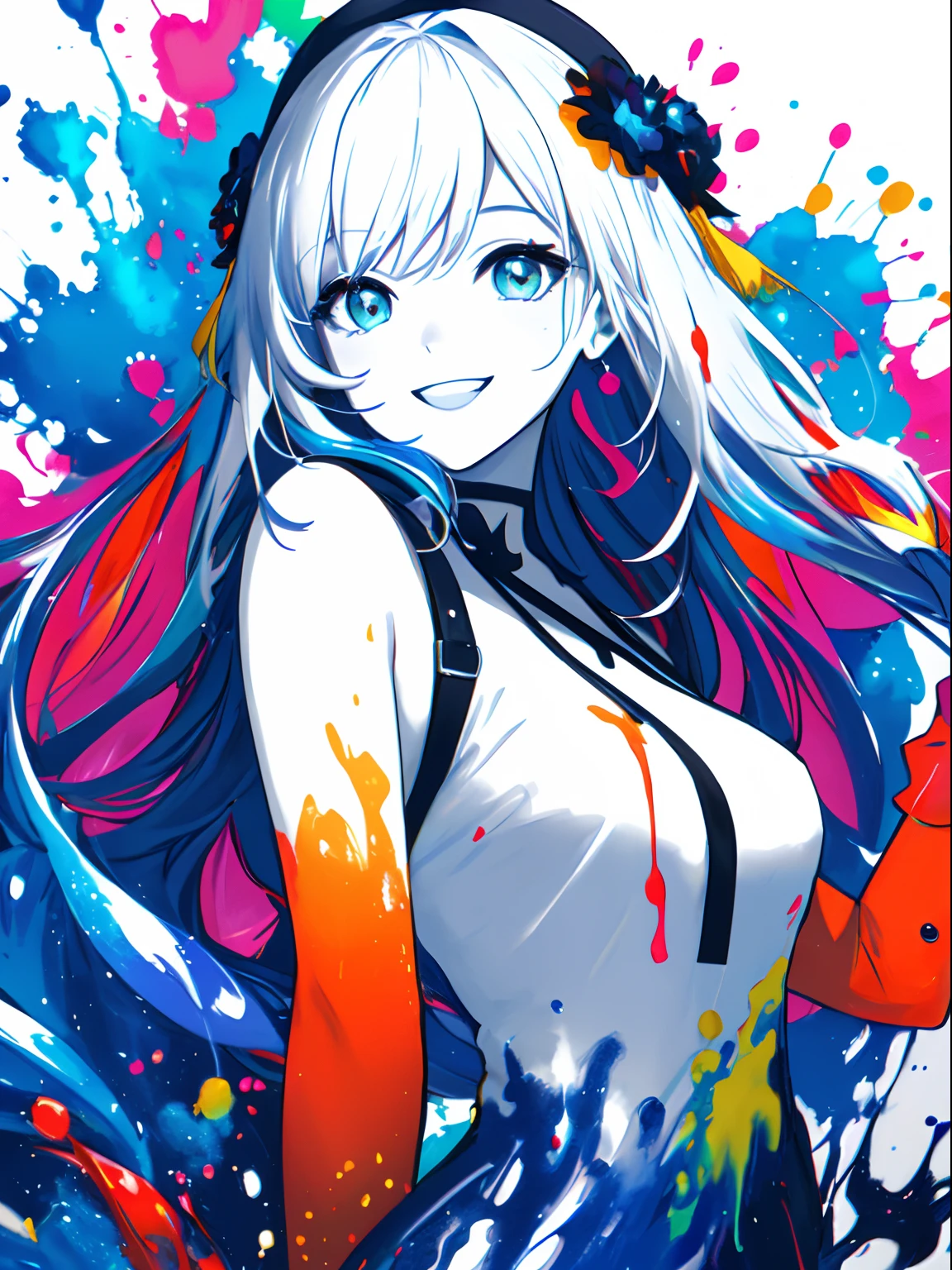 Bright and shiny girl, smile, happy, attractive, cool, fashionable, beautiful, masterpiece, best quality, rich color background, attractive background, colorful background, splash color, splash paint
