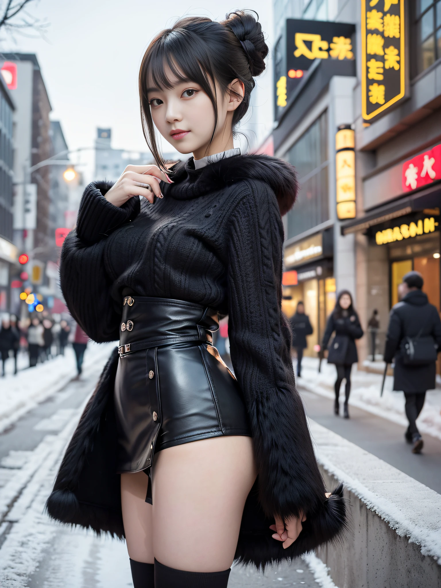 masutepiece、top-quality、((20 years girl、独奏、Beautiful detailed girl))、Smile、Black Shorthair、Highly detailed eyes and face、Beautiful detailed eyes、radiant eyes、with round face、Well-formed and cute face:1.1、small head、hight resolution、A highly detailed、sexy  pose、Illustration、super detailing、masutepiece、fur-coat、Wearing a sweater、Black miniskirt、Light Black Tights、(large full breasts:1.2、A slender)、Photograph the whole body、snowscape、In the street、Blur the background、tre anatomically correct