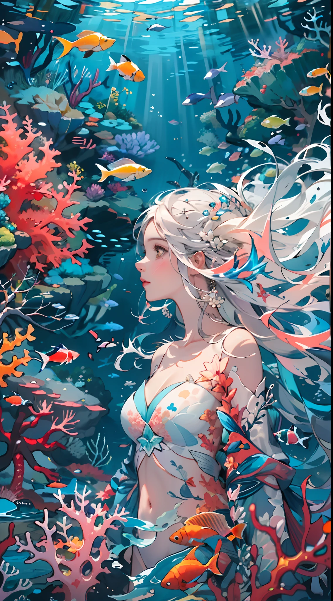Conceptual art of marine life, Undersea landscape, Marine life,Beautiful coral reefs come in different shapes, 3D,, Fish, Female animated fantasy illustration. Long white hair fully naked female in the sea, Drift, Very harmonious. The whole painting adopts a messy and imaginative painting style. The colors are bright and saturated, And with smooth lines. The mystery and beauty of the ocean, The painting depicts an underwater world full of life and vitality, Animated art wallpaper 8 K