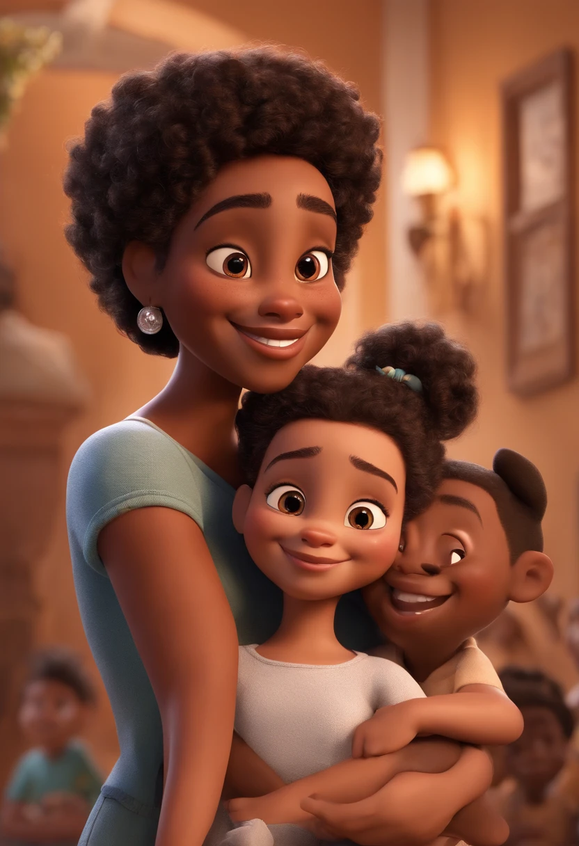 A Disney Pixar-inspired movie poster featuring an overweight woman with medium curly hair, olhos castanhos, Um homem branco cabelo castanho, sorriso largo com uma falha no meio dos dentes, Hugging the woman, A light black child with curly hair below the shoulder -yeld teyear-old black chiith cy black had brown eyes, e uma menina morena de 10 anos com curtos cabelos castanhos ondulados. A cena deve ser no estilo de arte digital distinto da Pixar, with a focus on character expressions, Vibrant colors and detailed texture that are characteristic of his animations