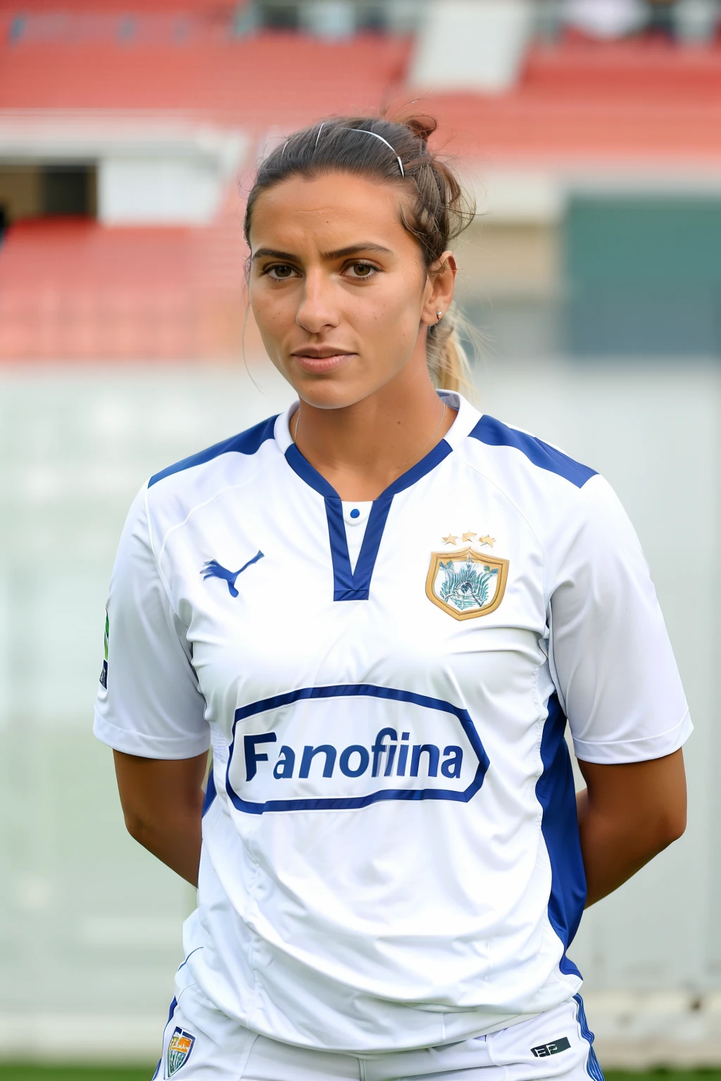 Female soccer player in white uniform standing on a field, Caroline Gariba, fernanda suarez, Valentina Embaralhamento, simona sbaffi is the captain, Malika Favre, julia fuentes, andrea rocha, Olivia de Bernardinis, Mina Petrovic, gui guimaraes, Parece Fabiula Nascimento