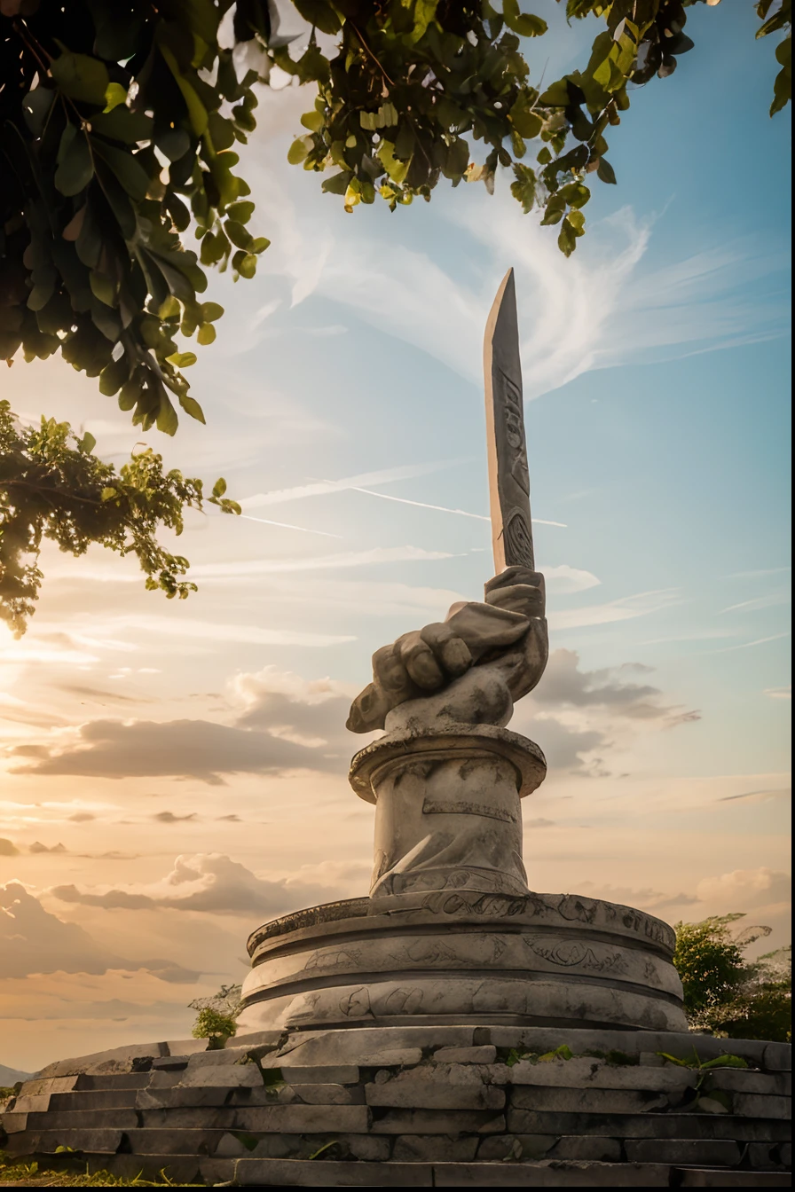 monument statue of a hand holding a badik parang, south sulawesi, background large city,8k
