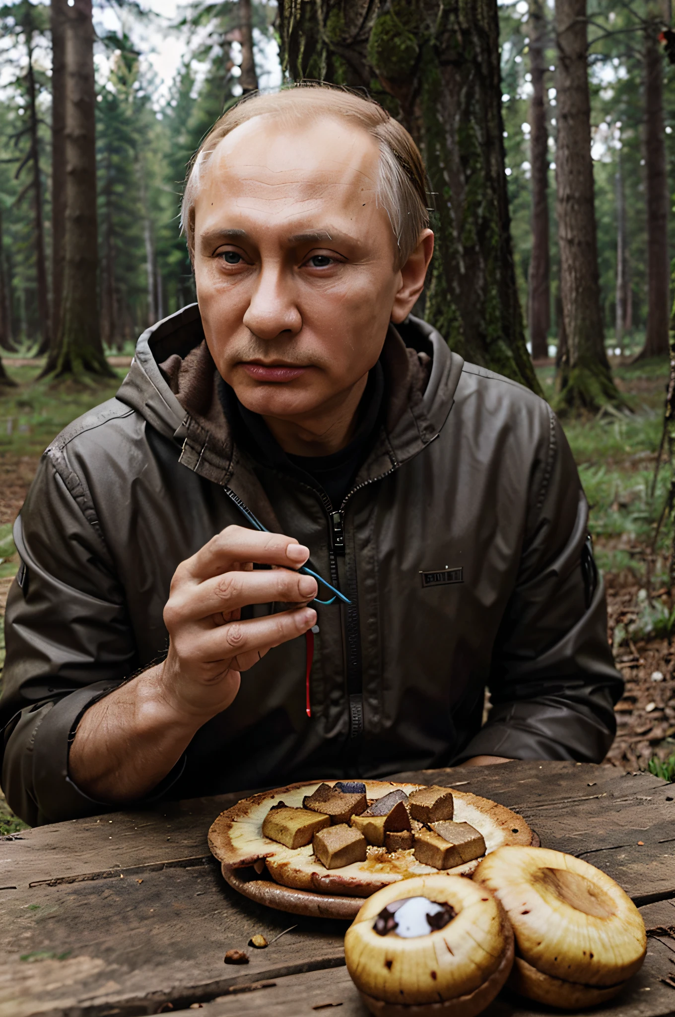 Generate a image of a Vladimir Putin Eating magic shrooms in woods with minions