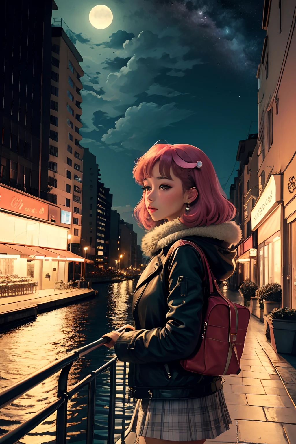 City Pop 80s girl with Bolides Mare nighttime scene buliding