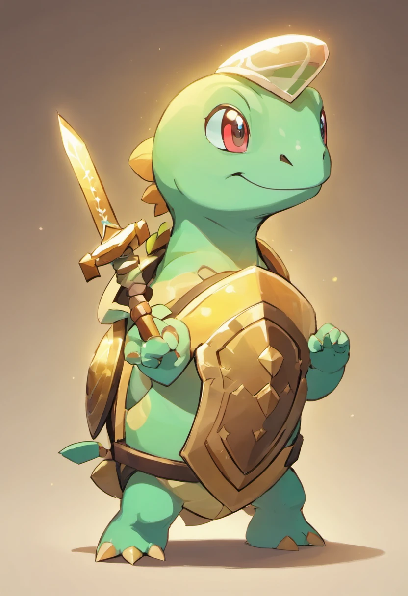 A short humanoid turtle holding a short sword and a standard shield.