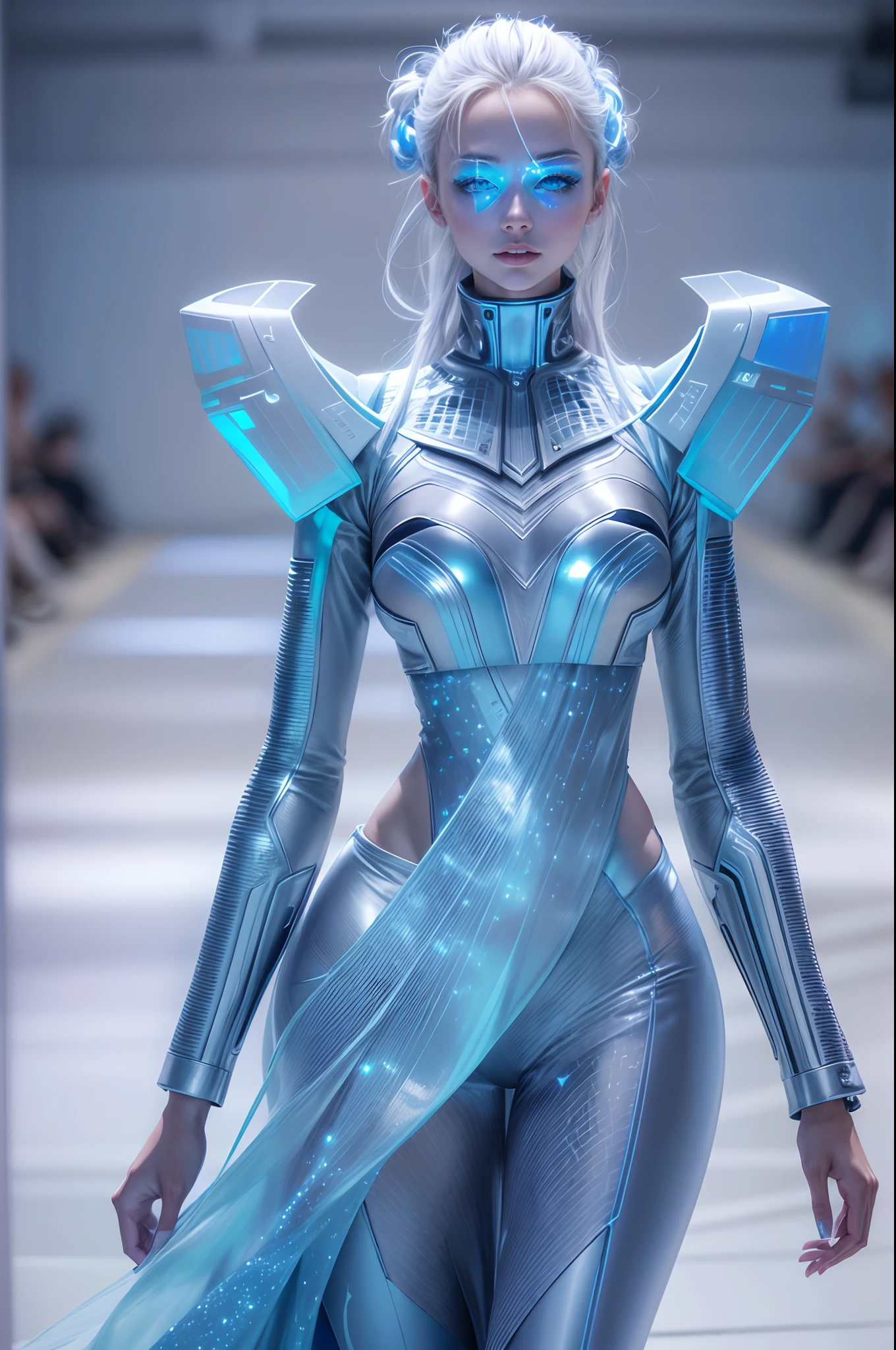 (Future World Fashion Show: 1.5)，(Futuristic sci-fi beauty model walks on the runway: 1.5), The female model had a smile on her face，The posture is elegant and dignified，wearing blue dress，Blue fluorescence，Starry sky pattern，Mysteries of the universe，Futuristic hair，Silvery white glow，Soft to the touch，Silver-blue eye makeup，Cosmic Starlight，Virtual Future Runway，(Sci-fi fashion fashion show: 1.5)，(Huge high-tech catwalk: 1.5)，(There was only one female model on the runway)，Realistic photo images，8K, hyper HD, Masterpiece, ccurate, Textured skin, High details, Best quality, Award-Awarded，((Long-range shooting，Sense of distance，Full body photo))，tutufc