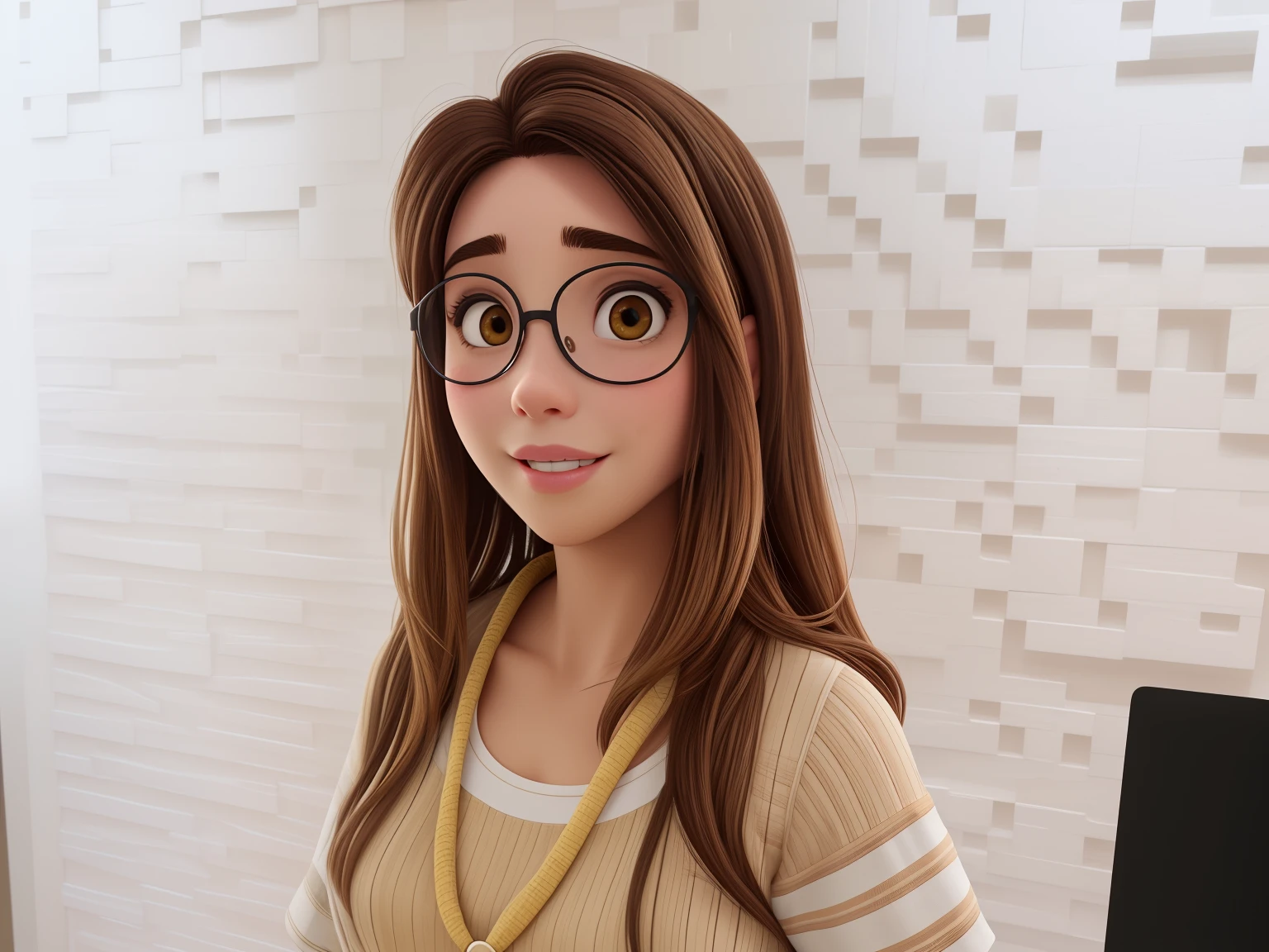 Uma mulher com cabelos castanhos claro, with a visible eye that appears to be light brown in color. Sua pele parece clara e ela exibe um sorriso leve, com uma covinha na bochecha. O rosto dela mostra uma sobrancelha bem definida e uma pele aparentemente lisa. She's wearing a gray blouse, com alguns desenhos em azul. she is a little chubby, but not too much. No estilo Disney Pixar