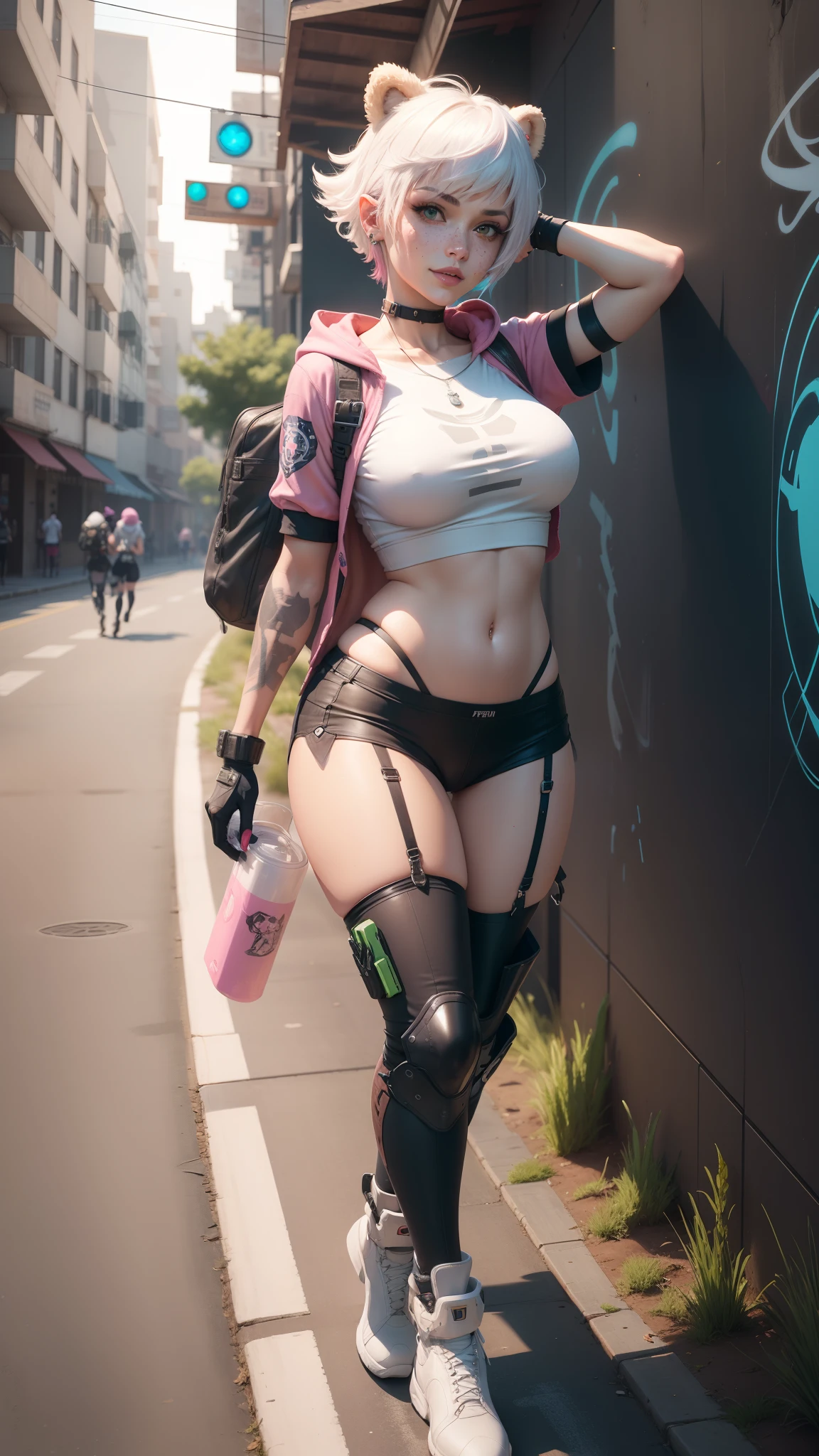 gwen tennyson,tracer,yorha 2b,y'shtola rhul,overwatch,nier automata,mecha pilot,school yard,tattoos,orange and pink plugsuit,white short sleeve top,tight micro skirt, uncovered belly,short hair,punk makeup,green eyes,multicolored silver hair,sexy smile,freckles,beautiful girl,large breasts,8k,ultra detailed, realistic,fantasy art,school uniform,ear piercings,cyberpunk suit,saiyan girl,pink short sleeve sport hoodie,bear ear beanie,graffiti wall art,walking,small backpack,punk necklace,white thigh high socks,showing thong,wet shirt,