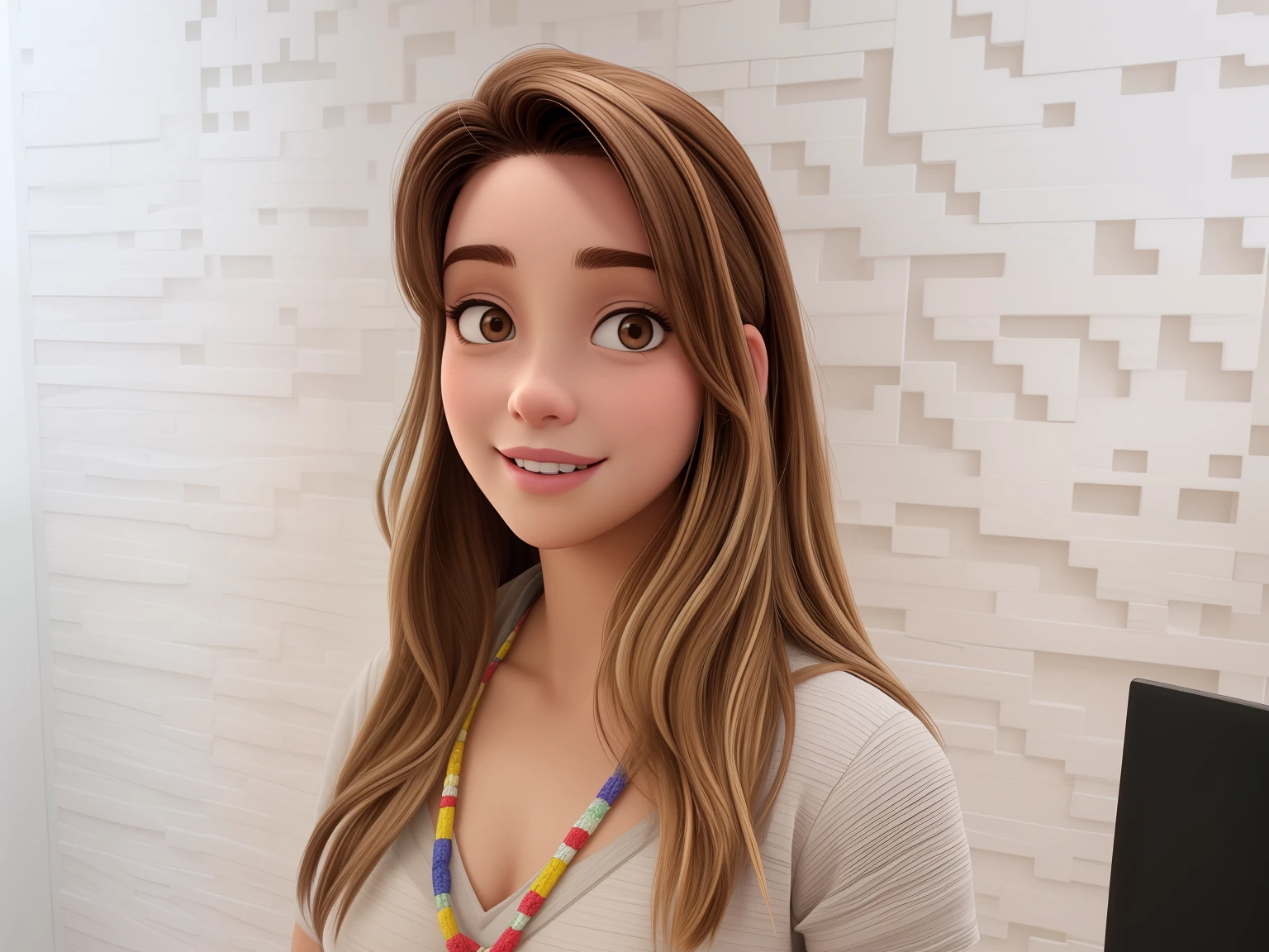 Uma mulher com cabelos castanhos claro, with a visible eye that appears to be light brown in color. Sua pele parece clara e ela exibe um sorriso leve, com uma covinha na bochecha. O rosto dela mostra uma sobrancelha bem definida e uma pele aparentemente lisa. She's wearing a gray blouse, com alguns desenhos em azul. she is a little chubby, but not too much. No estilo Disney Pixar