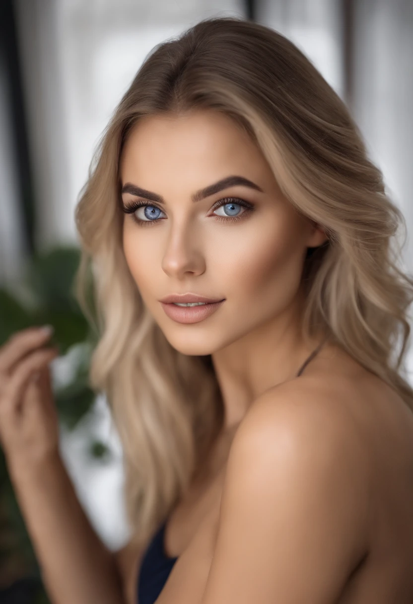 arafed frau voll , Sexy girl with blue eyes, ultra realistisch, Akribisch detailliert, portrait sophie mudd, blonde hair and large eyes, Selfie einer jungen Frau, Augen im Fitnesstudio, Violet Myers, ohne Make-up, Natural makeup, Blick direkt in die Kamera, Gesicht mit Artgram, dezentes Make-up, Stunning full body shot, aufs Bett gelegt, im Fitnesstuido, komplett nackt, Kein BH, , , medium to large bust size