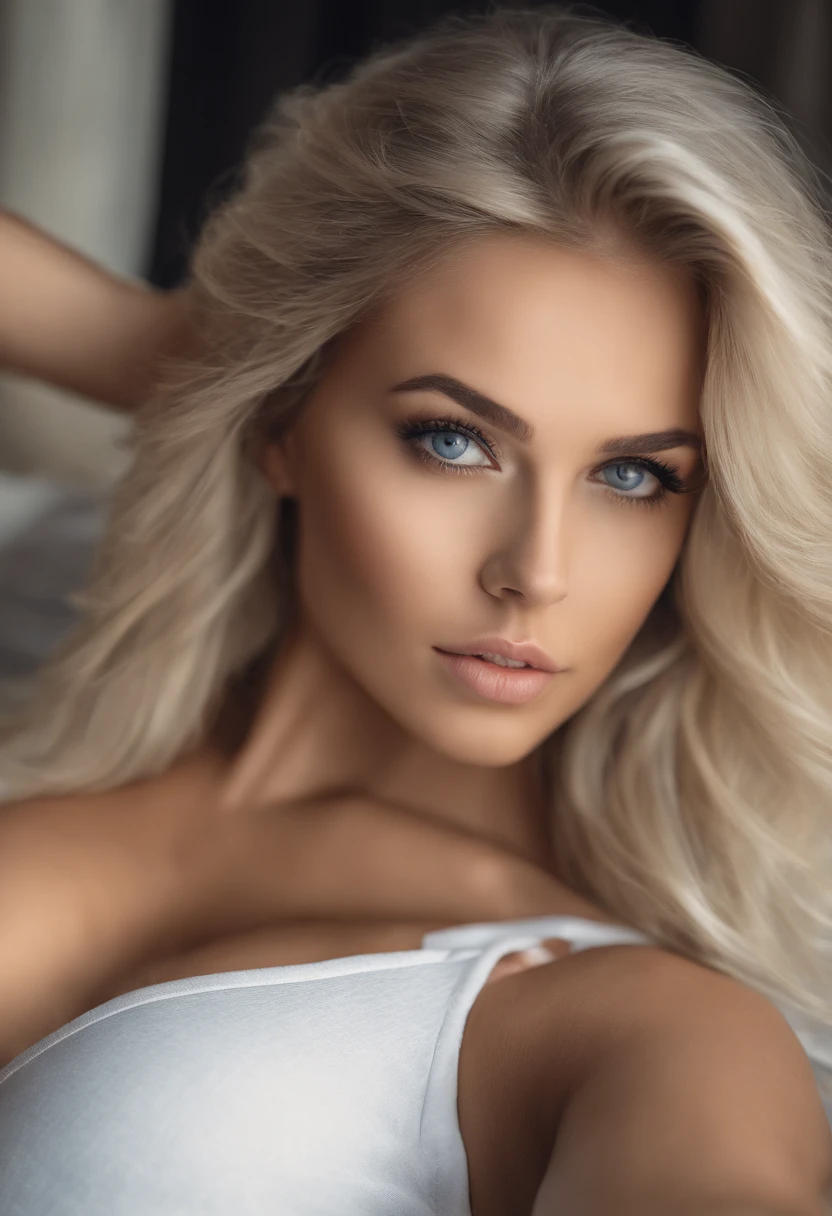 arafed frau voll , Sexy girl with blue eyes, ultra realistisch, Akribisch detailliert, portrait sophie mudd, blonde hair and large eyes, Selfie einer jungen Frau, Augen im Fitnesstudio, Violet Myers, ohne Make-up, Natural makeup, Blick direkt in die Kamera, Gesicht mit Artgram, dezentes Make-up, Stunning full body shot, aufs Bett gelegt, im Fitnesstuido, komplett nackt, Kein BH, , , medium to large bust size