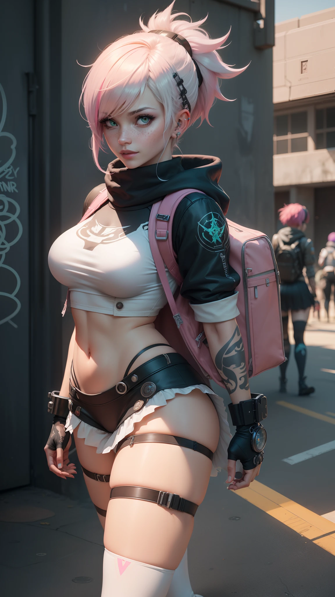 gwen tennyson,tracer,yorha 2b,y'shtola rhul,overwatch,nier automata,mecha pilot,school yard,tattoos,orange and pink plugsuit,white short sleeve top,tight micro skirt, uncovered belly,short hair,punk makeup,green eyes,multicolored silver hair,sexy smile,freckles,beautiful girl,large breasts,8k,ultra detailed, realistic,fantasy art,school uniform,ear piercings,cyberpunk suit,saiyan girl,pink short sleeve sport hoodie,bear ear beanie,graffiti wall art,walking,small backpack,punk necklace,white thigh high socks,showing thong,wet shirt,