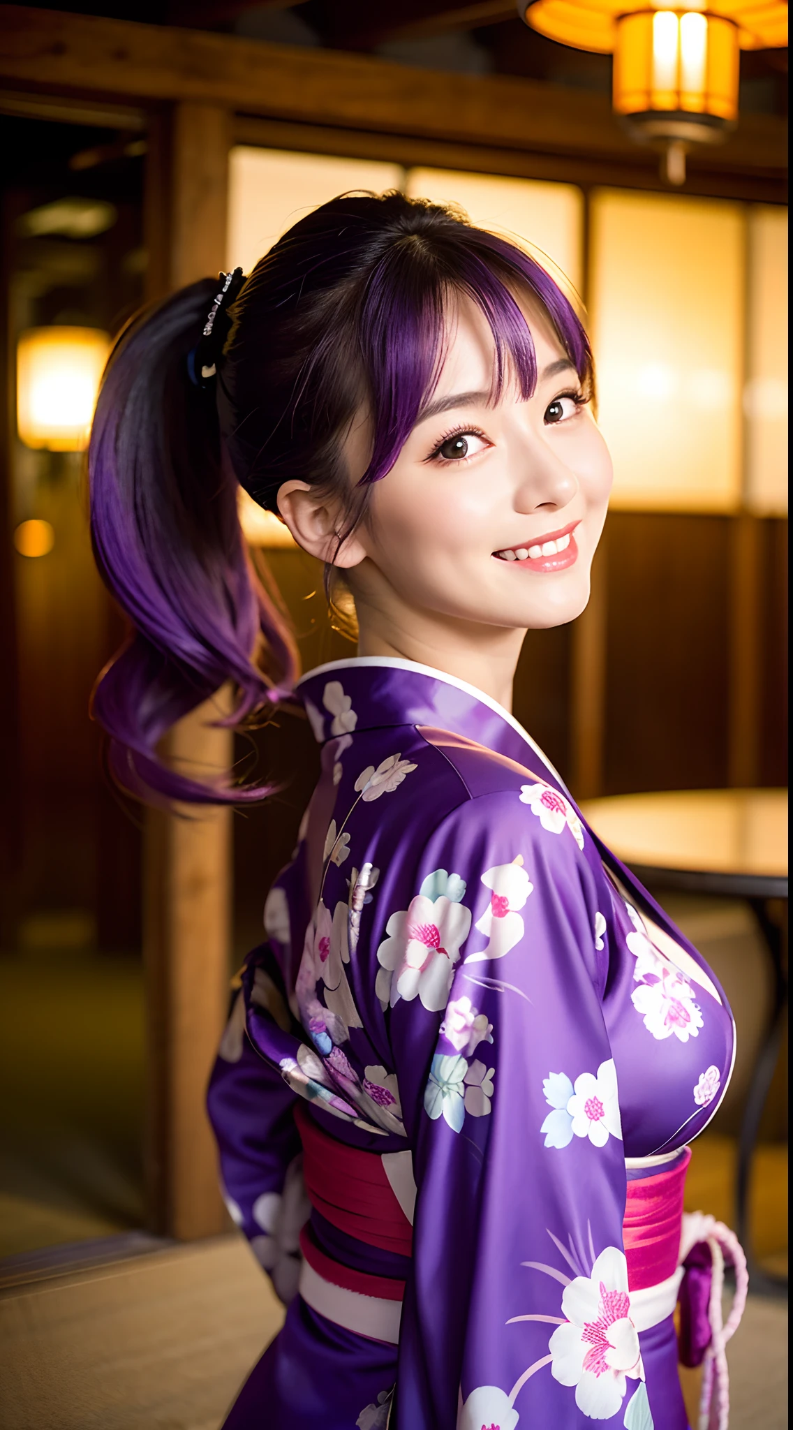 Best Quality, Face Focus, Soft light, 超A high resolution, (Photorealistic:1.4), Raw photo,Highlight the valley
Japan girls, Cute, (pupils on, Light in the eyes)， Detailed beautiful face, (large boob),(High-resolution details of human skin texture),Frolic，Cute smile，Kimono
(Purple hair in a ponytail)、Kimono、indecency、dynamicposes、shinny skin、Cute smile、Gorgeous Fair at Night
Damask Shirt Dress,
(Portrait)