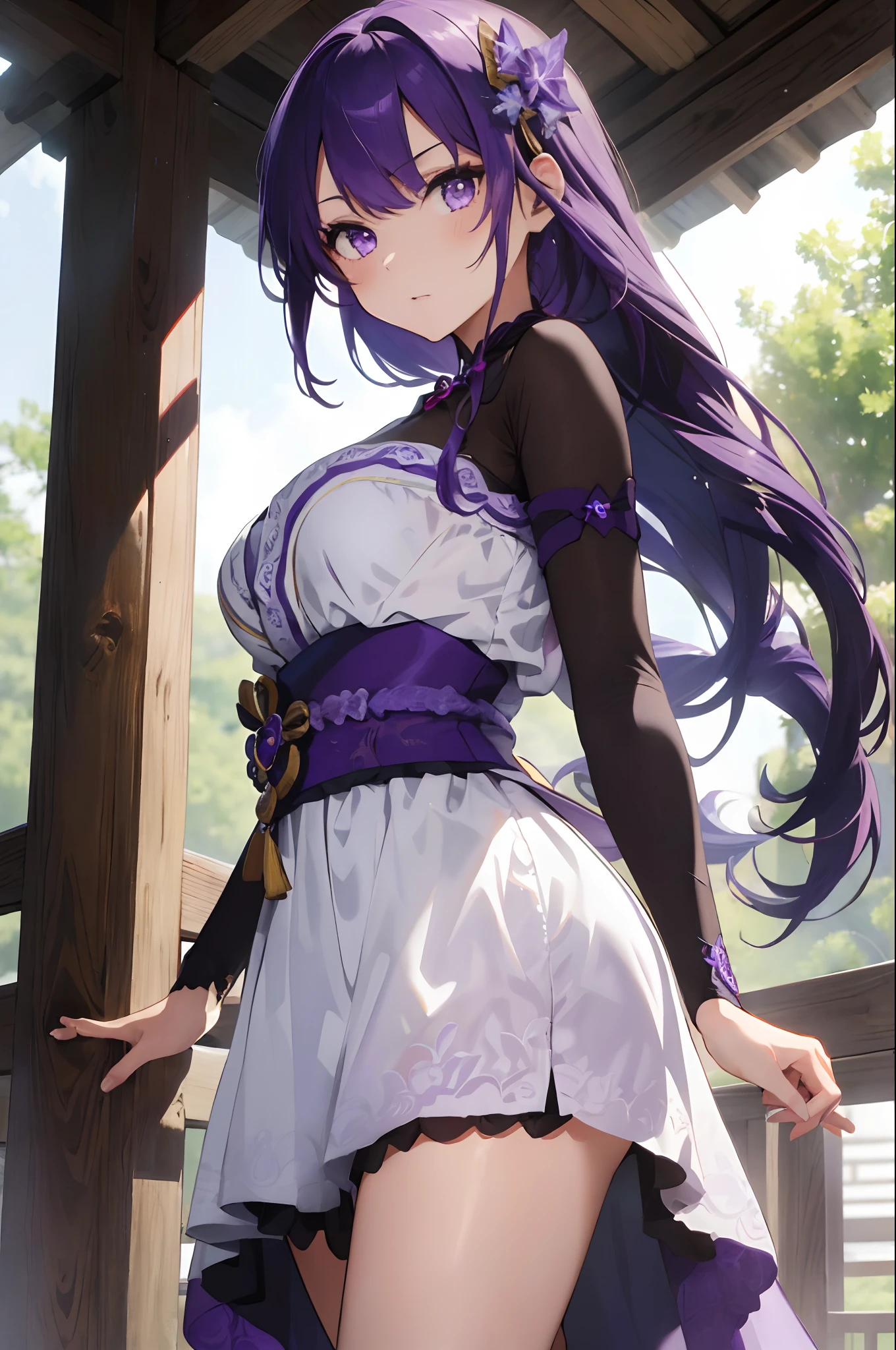 ((master piece)), 1 girl, purple hair, purple eyes, raiden Shogun from Genshin impact, high Res, perfect face, magnificent eyes, wedding dress, high Res, Beautiful body, Digital art, in nature