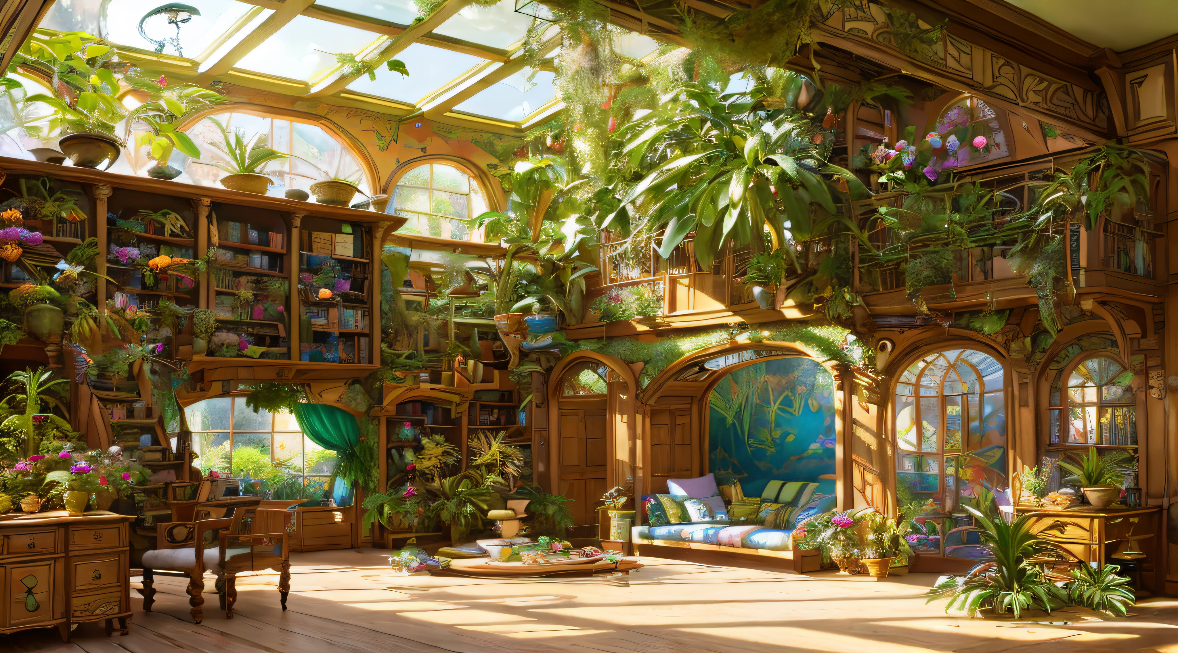 there is a room with a lot of plants and a lot of books, room full of plants, perfect maximalistic composition, messy maximalist interior, maximalism. stunning, magical environment, art nouveau jungle environment, thomas kinkade. forest room, magical realism style, maximalist art nouveau, art nouveau environment, thomas kinkade. cute cozy room, ghibli studio style