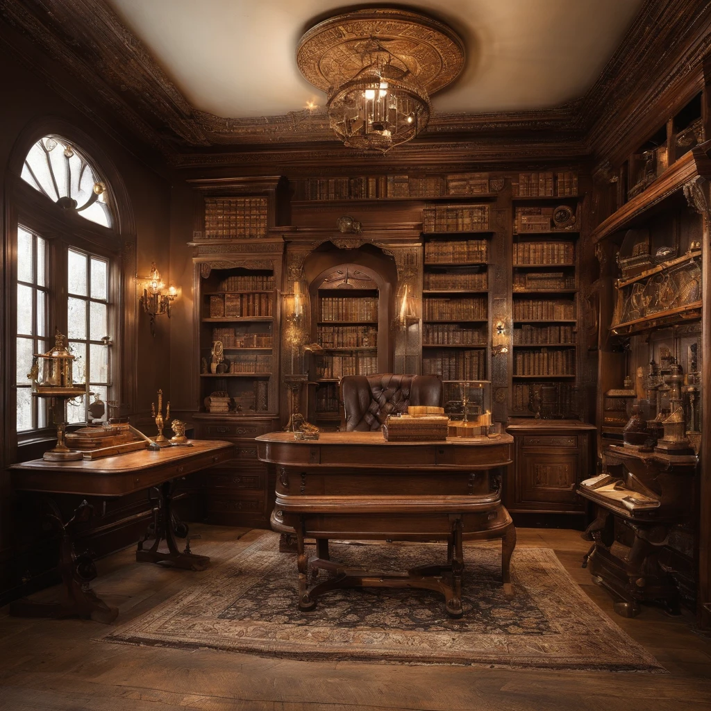 A lovely study room,There was a cup of coffee on the table,There are a lot of decorations, Pictures and books,There is also an open window,You can enjoy the night view under the starry sky,There are no characters in the room,The bookshelves are gorgeous,Sunlight was shining through the room,The room was warm and bright,Full of life