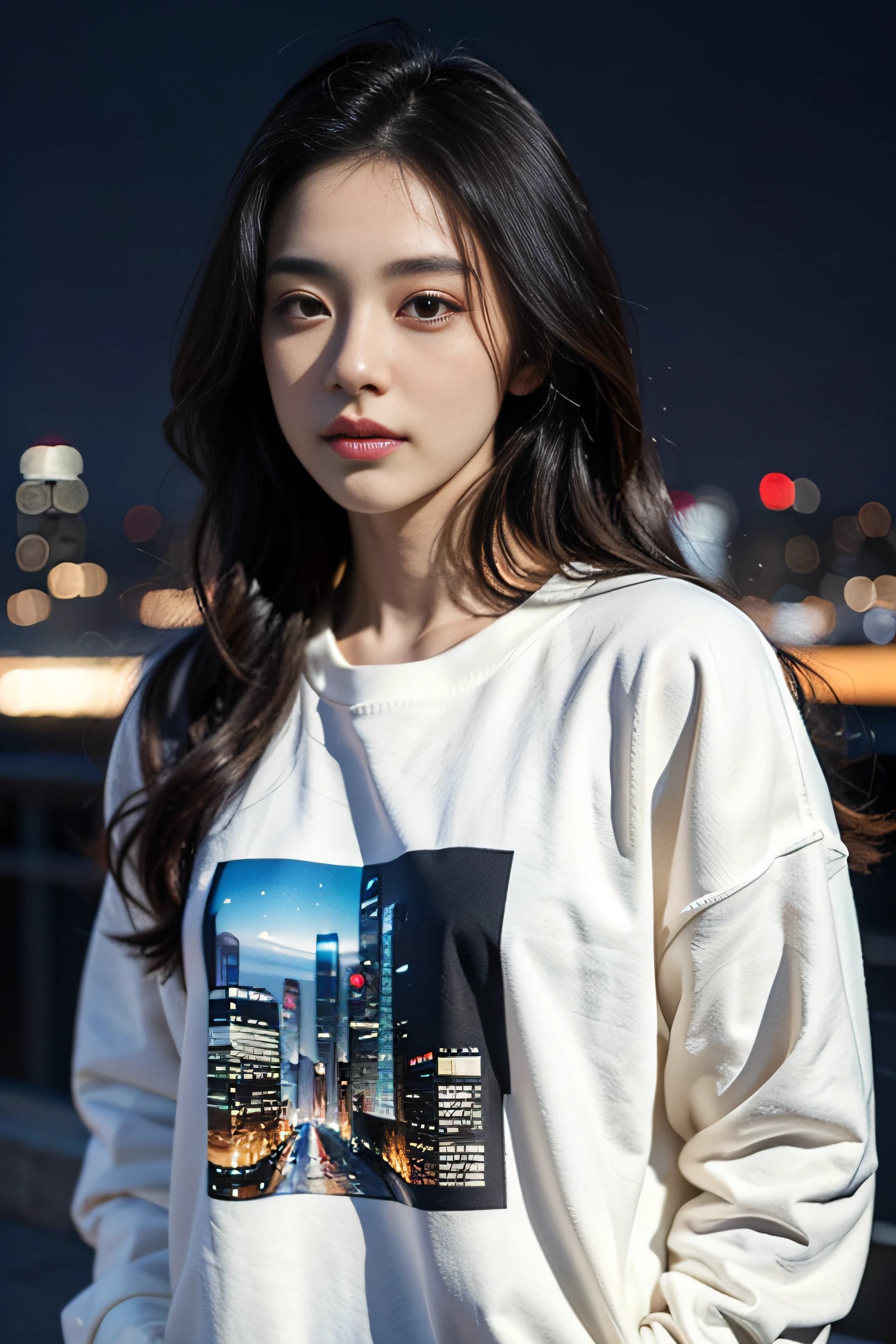 23 years old girl, beautiful, long wavy hair, almond eyes, no make up, white sweatshirt, oversize_shirt, night city, cyberpunk vibes, (photorealistic:1.2), (ultra realistic:1.3), (very detailed:1.1), ((masterpiece)),