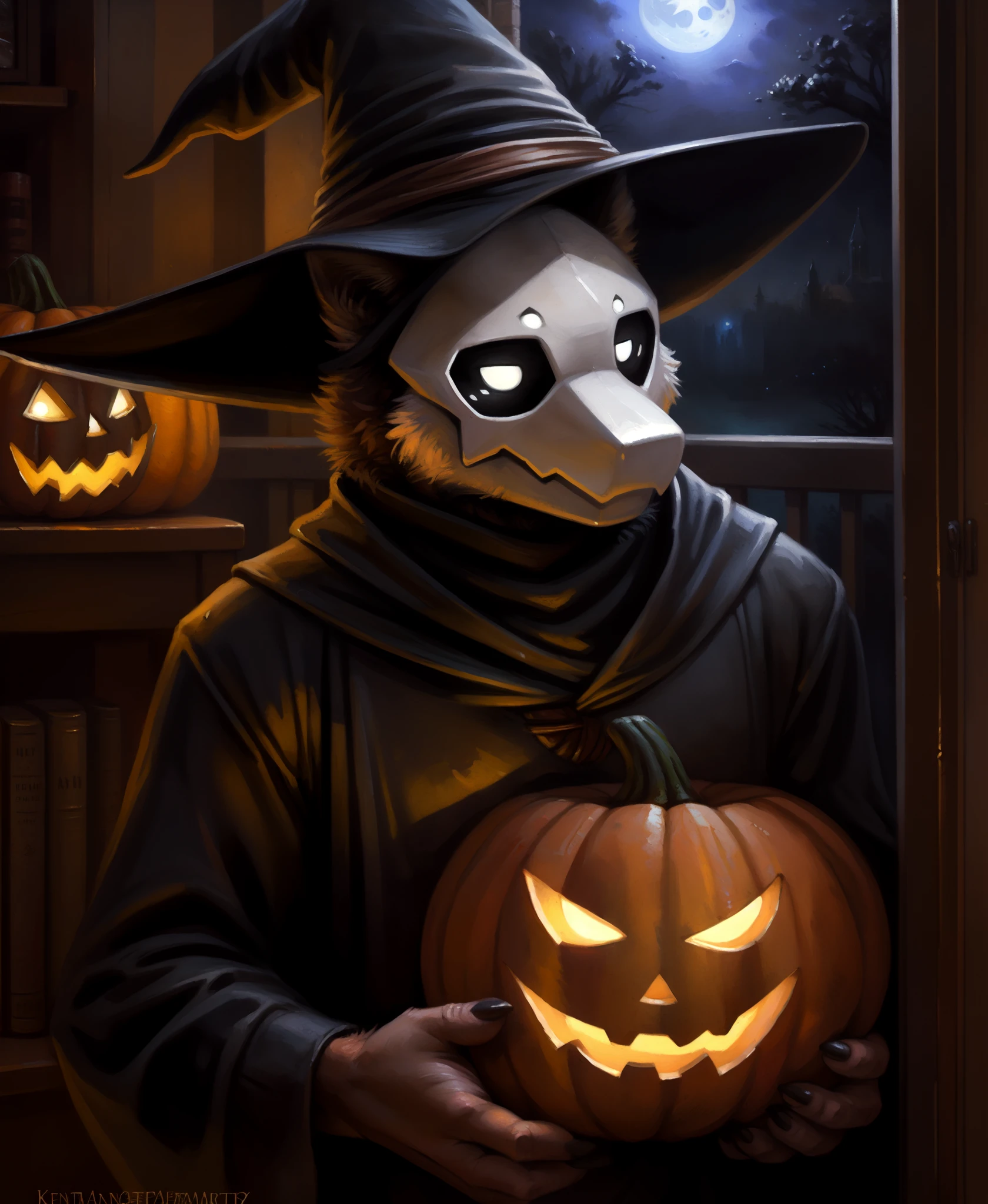 uploaded on e621, by kenket, by spectrumshift, by nommz,  oil painting \(artwork\), solo, male, puro_(changed), mask, white eyes, white pupils, witch hat, witch outfit, bedroom eyes, seductive, halloween, jack-o'-lantern, gothic, detailed background, night,