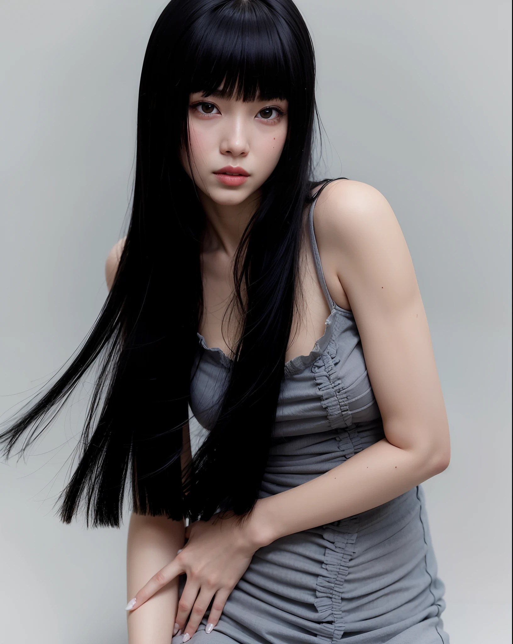 um close up de uma mulher com longos cabelos pretos posando para uma foto, cabelo preto longo com franja, Jingna Zhang, cabelos pretos longos e finos, preto hime corte cabelo, Sui Ishida com cabelo preto, cabelos escuros longos com franja, Franja reta longa, Ela tem cabelo preto com franja, cabelo comprido com franja completa, Asian girl with long hair