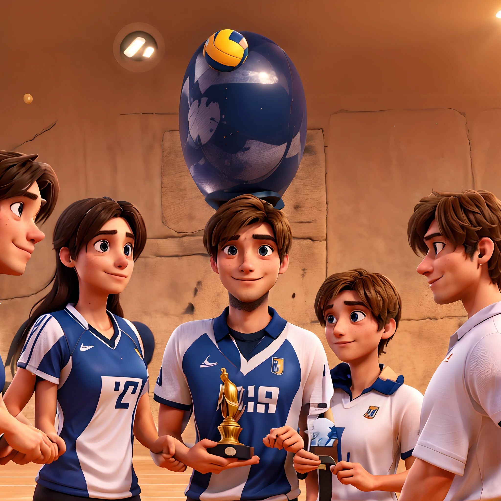 Group of men and women holding a trophy on a court, EUA Voleibol, competition winning