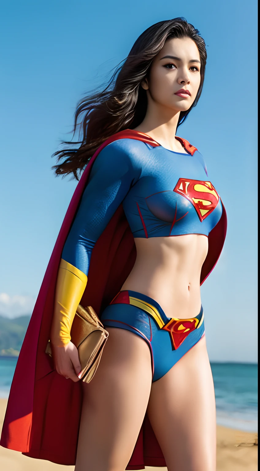 1girl in, Beautiful Hawaiian Woman,((Supergirl Suit)),(Sleeveless)，(highleg)，((skin tanned))，(Wheat-toned skin)，(Colossal tits)，A sexy， superman logo,  full-shot, Standing Pose, looking at the viewers,Hawaiian Landscape,the beach，细致背景,Photorealsitic、a picture、​masterpiece、reallistic、真实感、photorealisim、High contrast、Photorealistic Art Station Trending Digital Art 8k HD High Definition and Detailed Realistic, detaileds, Skin Texture, ultra-detailliert, realistic skin textures, armature, top-quality, 超A high resolution, (Photorealsitic:1.4),, hight resolution, detaileds, Raw foto, Sharp Re, Nikon D850 Film Stock Photo by Lee Jefferies 4 Kodak Portra 400 Camera F1.6 lenses rich colors hyper realistic lifelike textures dramatic lighting unreal engine artstation trends synestil 800,