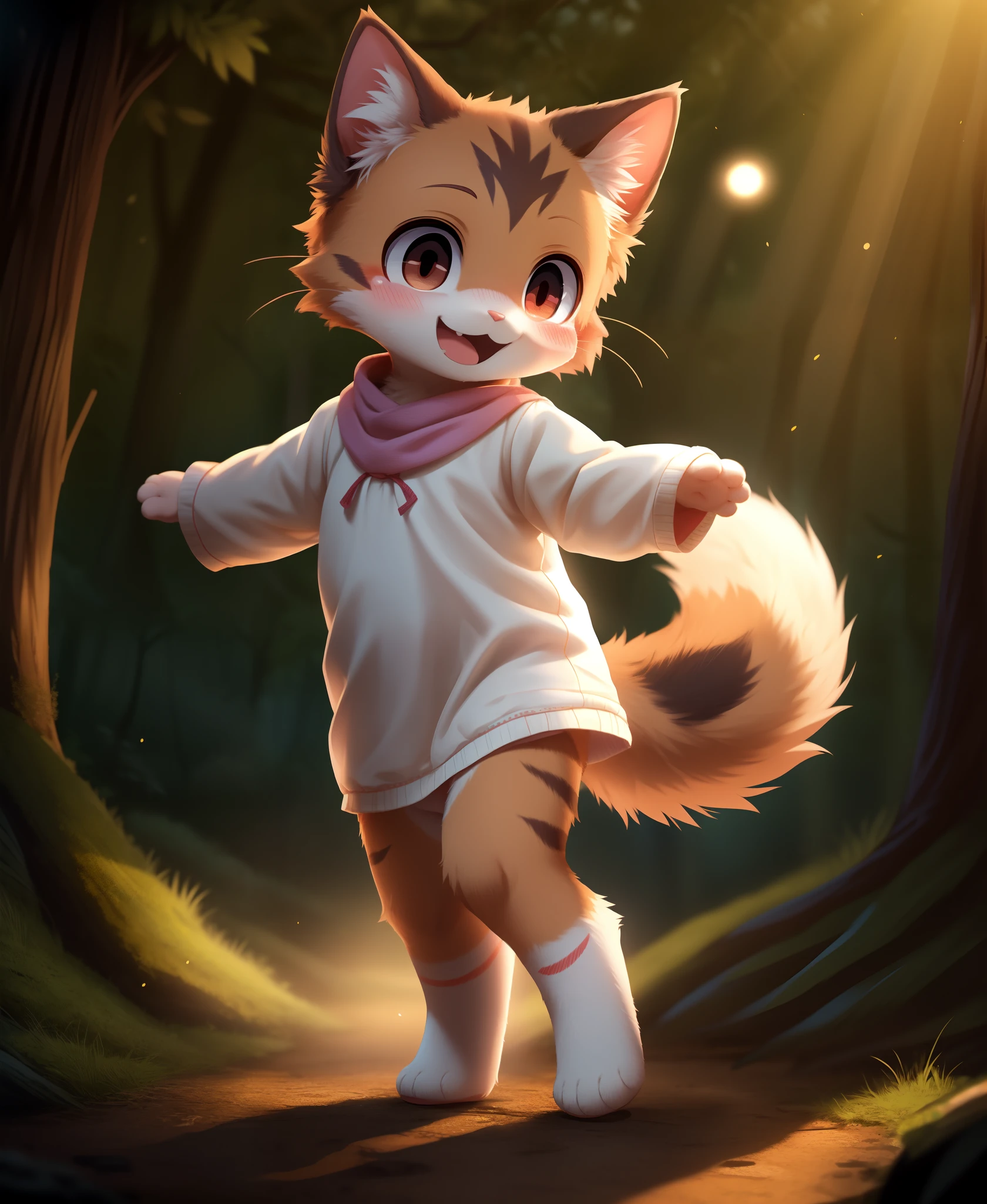 dagasi, ( furry body) , (realistic fur) , standing, fluffy tail, blush, (:3), species that looks like a cross between girl and a cat, a happy ,dancing, cinematic lighting ,4k, in the forest, cute