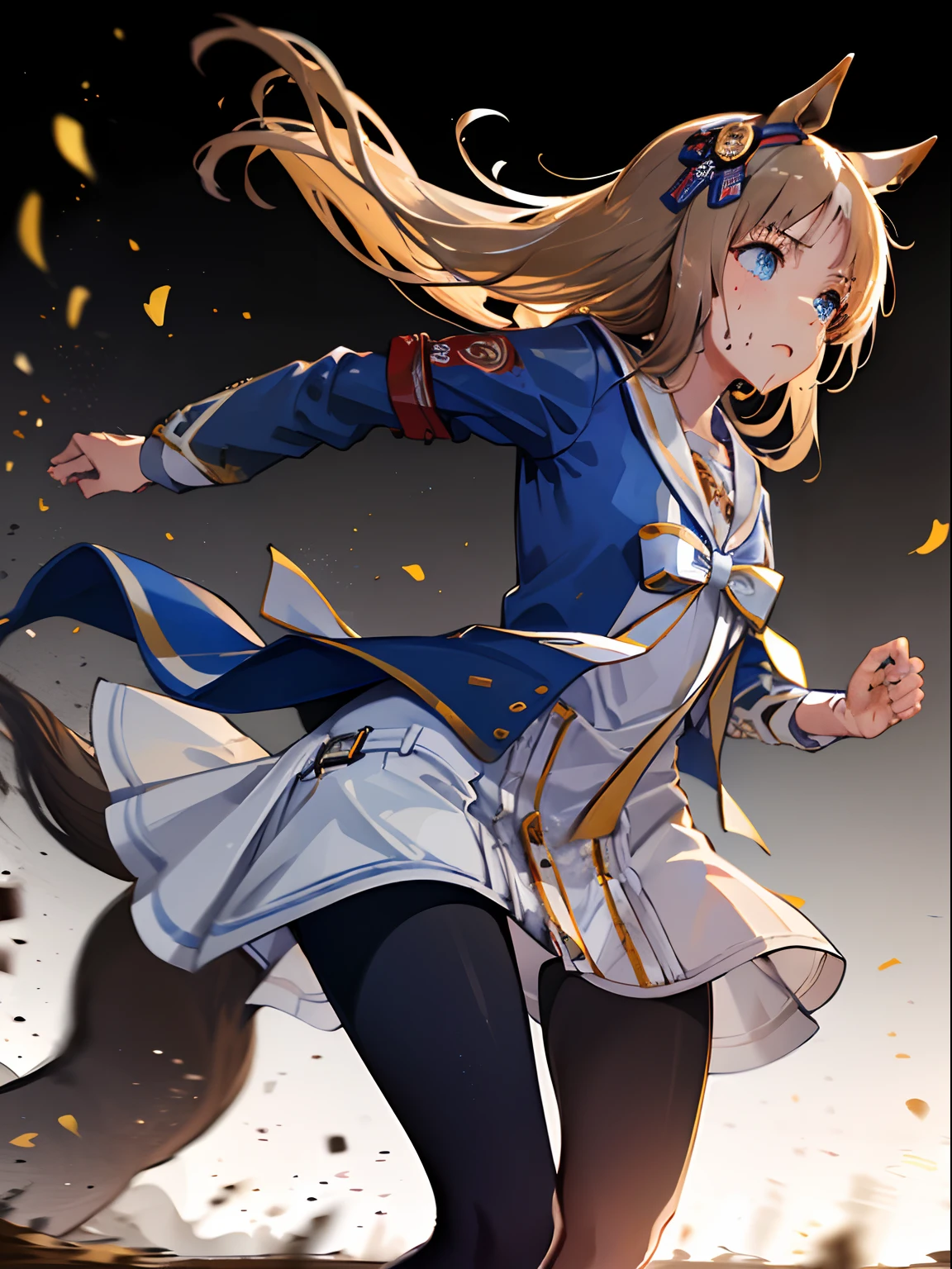 grass wonder \(Umamusume\), 1 girl, Solo, Best Quality, masutepiece, 8K, High resolution, Ultra-detailed, (((from below)), (((Running, dash, Sprint))), Blue jacket, White sailor color, Long sleeves, White skirt, Black pantyhose, Sweat, (((Muddy))), Cinematic shadows,