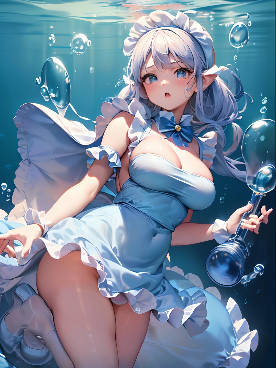 kawaii, anime style, masterpiece, best quality, ultra detailed, a girl floating in sour cider, 1girl, 18years old, maid, (easygoing and cool:1.2), round face and droopy eyes, soft cheeks, long white hair, headdress, (big_breasts:1.5), (petite body:1.5), (blue maid outfit:1.5), long skirt, (bubbles, underwater:1.5)