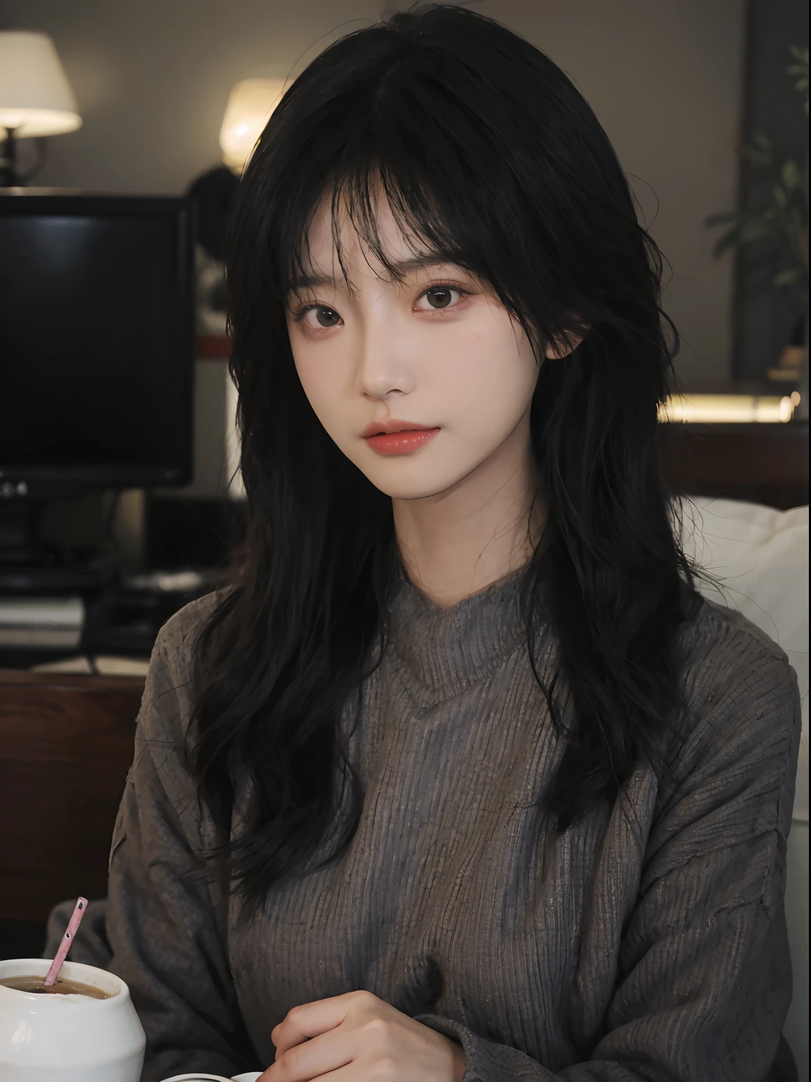 best qualtiy, 超高分辨率, (realisticlying:1.4), A woman with long black hair and a gray sweater, 中景 the scene is, She has black hair,By bangs, young lovely Korean faces, wan adorable korean face, ulzzangs, Shin Jinying, beautiful aesthetic face, Korean face features, Played by Liu Lee Ji Eun ,Beautiful realistic face
