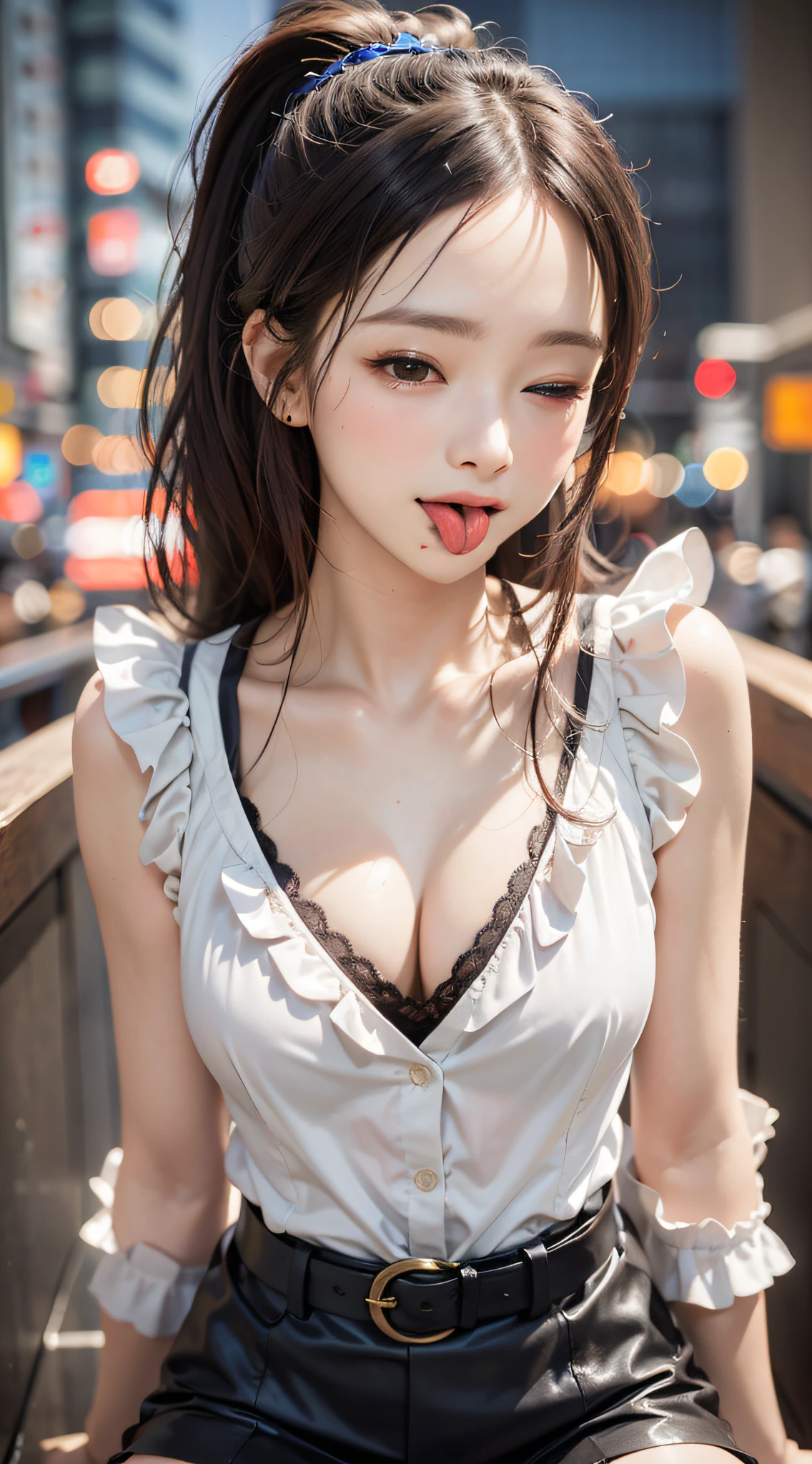 neon street at night, 1girl:1.3, 25 years old, sexy, erotic, glamorous:1.2, slim body, perfect body:1.3, (medium breasts), thin thighs, (one eye closed, wink):1.3, BREAK, woman wearing(front open white collared shirt, Black ruffled mini skirt, glossy, kneehigh boots):1.3, show cleavage:0.8, dark-brown hair, high-ponytail, BREAK, (Natural Skin Texture, Detailed pale skin, tanned skin:1.3, black eyes, shiny-lipgloss, shy smile, perfect face, cute face, thin lips, (tongue:2.0), small face:1.5, cowboy-shot, (top-quality, ultra real-photo, masterpiece, RAW Photography, cinematic light, very detailed illustration, portrait, face focus)