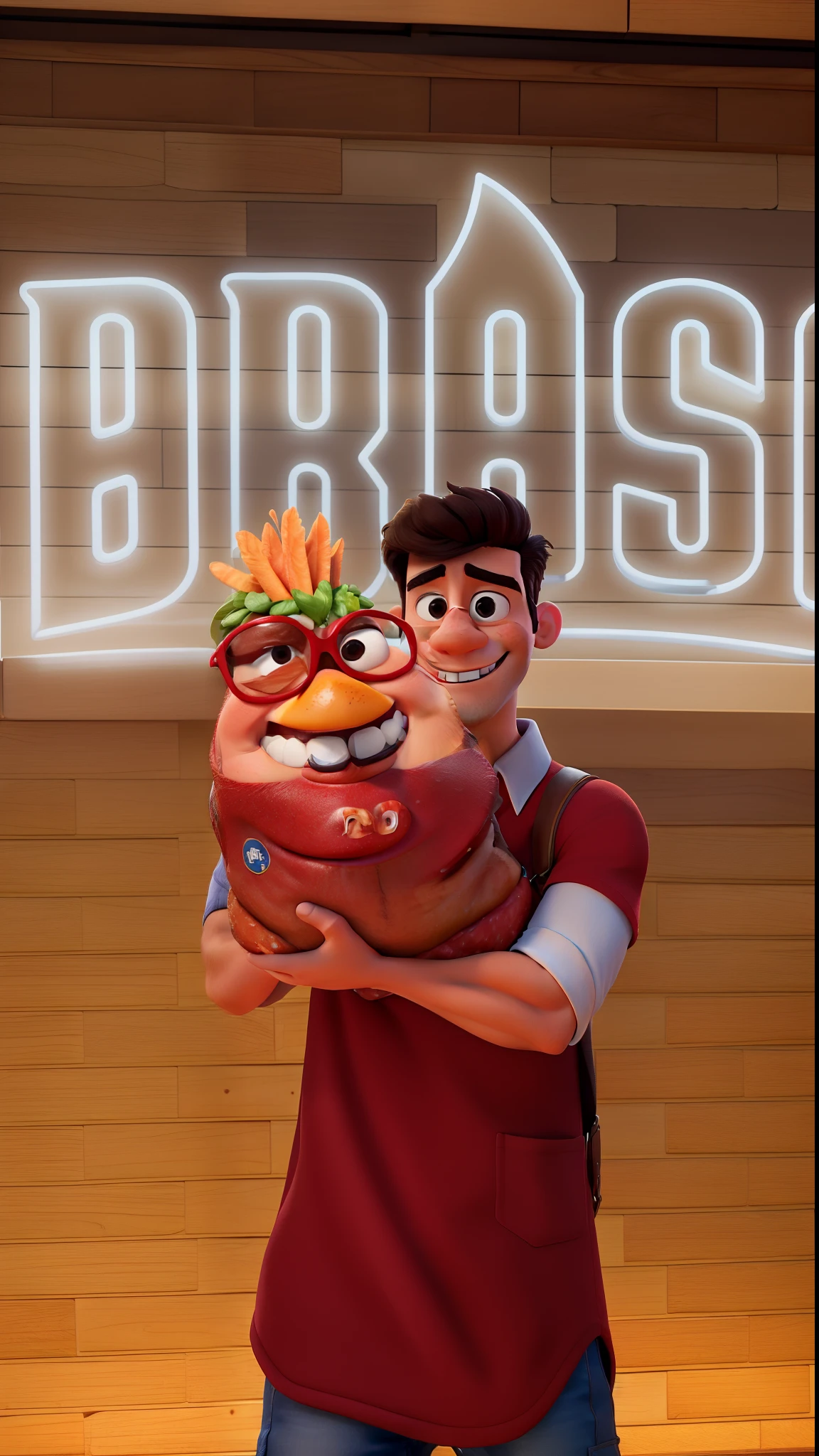 Um homem branc, estilo disney pixar, alta qualidade, melhor qualidade, segurando uma caixa surpresa cor vermelha, em uma hamburgueria