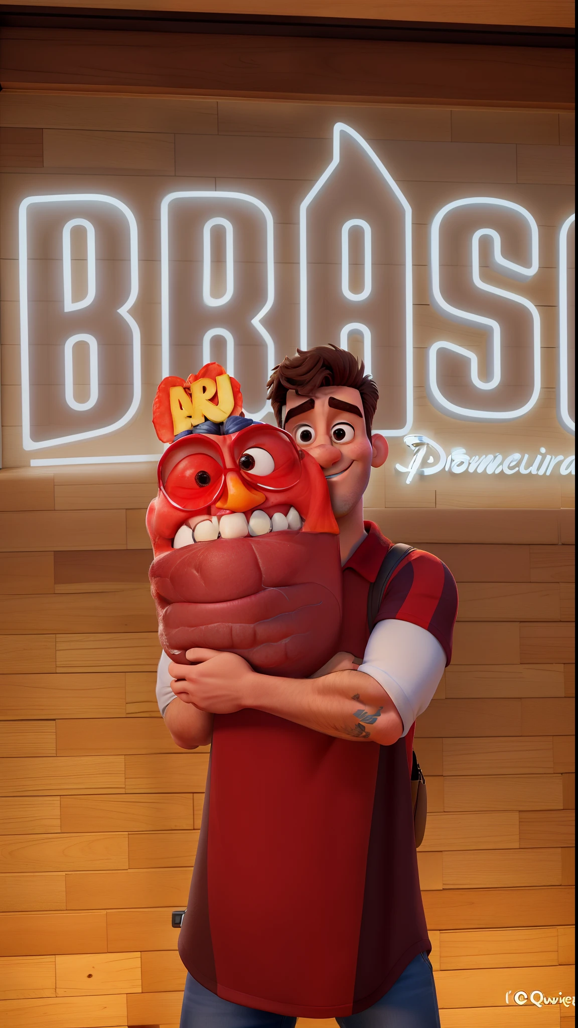 Um homem branc,  estilo disney pixar, alta qualidade,  melhor qualidade,  segurando uma caixa surpresa cor vermelha, em uma hamburgueria