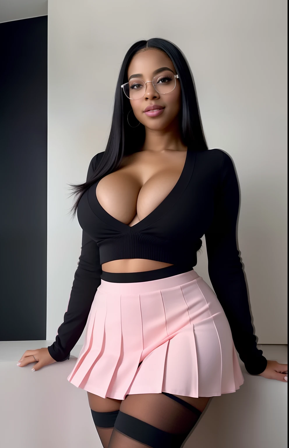Pink skirt alien showing panties with sexy stockingd cosplay ((1 Young and beautiful light skin curvy black girl:1.2)), Super beautiful detailed face, african American, Stare at me, open mouth slightly, Highest Quality, High definition RAW color photos, Professional Photography, Cinematic lights, (Fine face:1.2), (View:1.2), ((cleavage:1.2)), curvy and beautiful girl, , detailed, walking in park revealing outfit, Pleasure, feels good, Portrait of a beautiful girl, zoom out full body shot, sweet alluring smile staring at camera (Best Quality:1.2), Super Detail, high details, masterpiece, cosplay, large breasts, big boobs,revealing sexy pink space suit outfit, full boy zoomed out, in high heels, full body, zoomed out, cosplay outfi low cut sweater, a short pink pleated skirt, knee socks, in a space ship, full body shot, alluring stare, and a pair of black square glasses, sexy nsfw, topless
