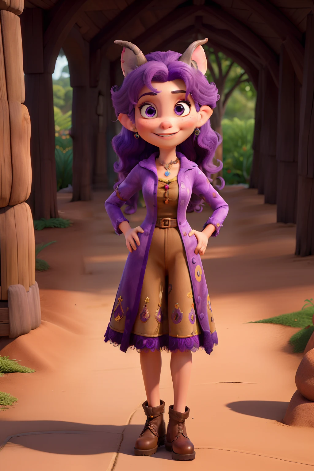 obra-prima, melhor qualidade, mulher alta de longos cabelos roxo, purple eyes, estilo Disney Pixar, escrito Skayla e Eva, A witch with medium elf ears, no parque