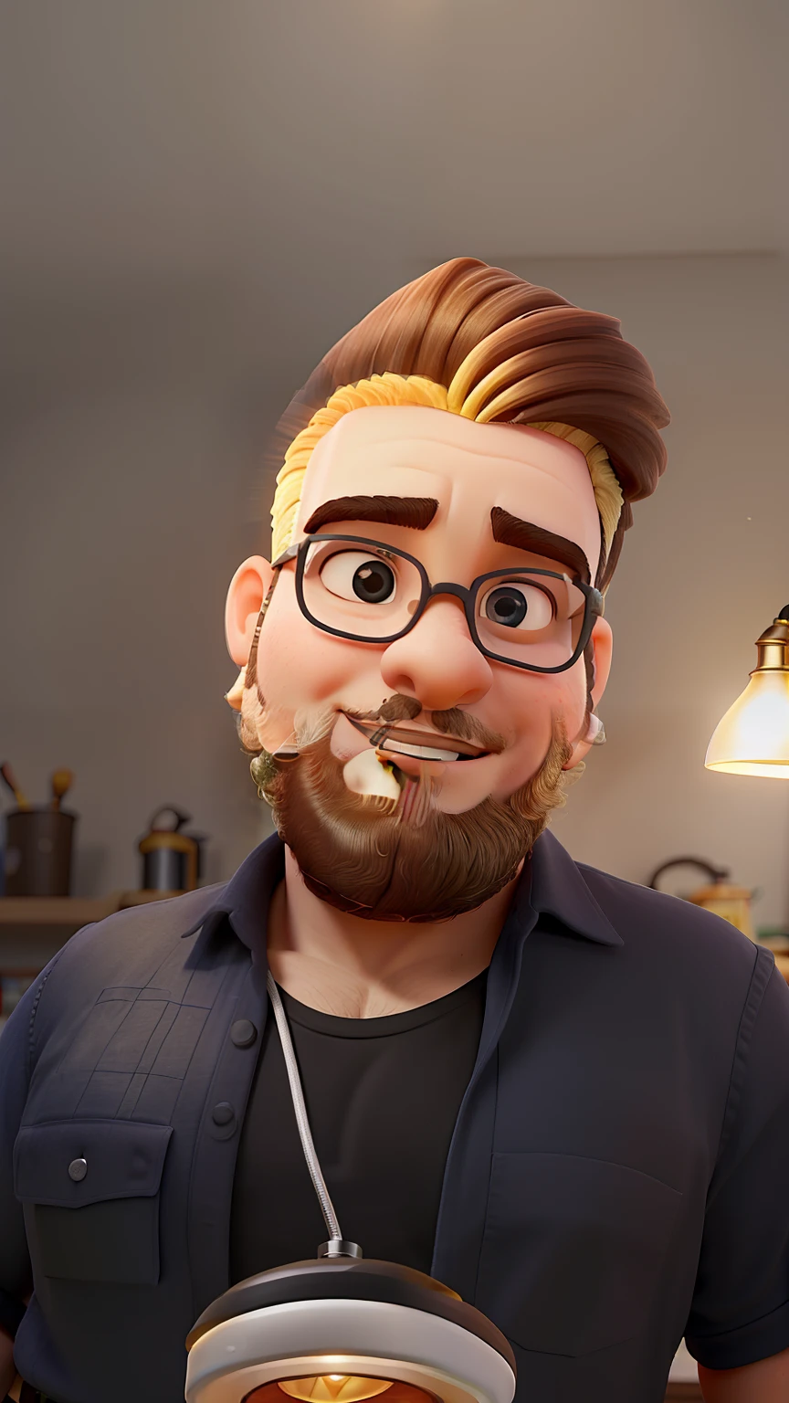 Um gordinho de cabelo cortado em volta de uma cadeira de barbeiroaltura de 1,70, illuminated by the light of a lamp, contra o pano de fundo de uma barbearia