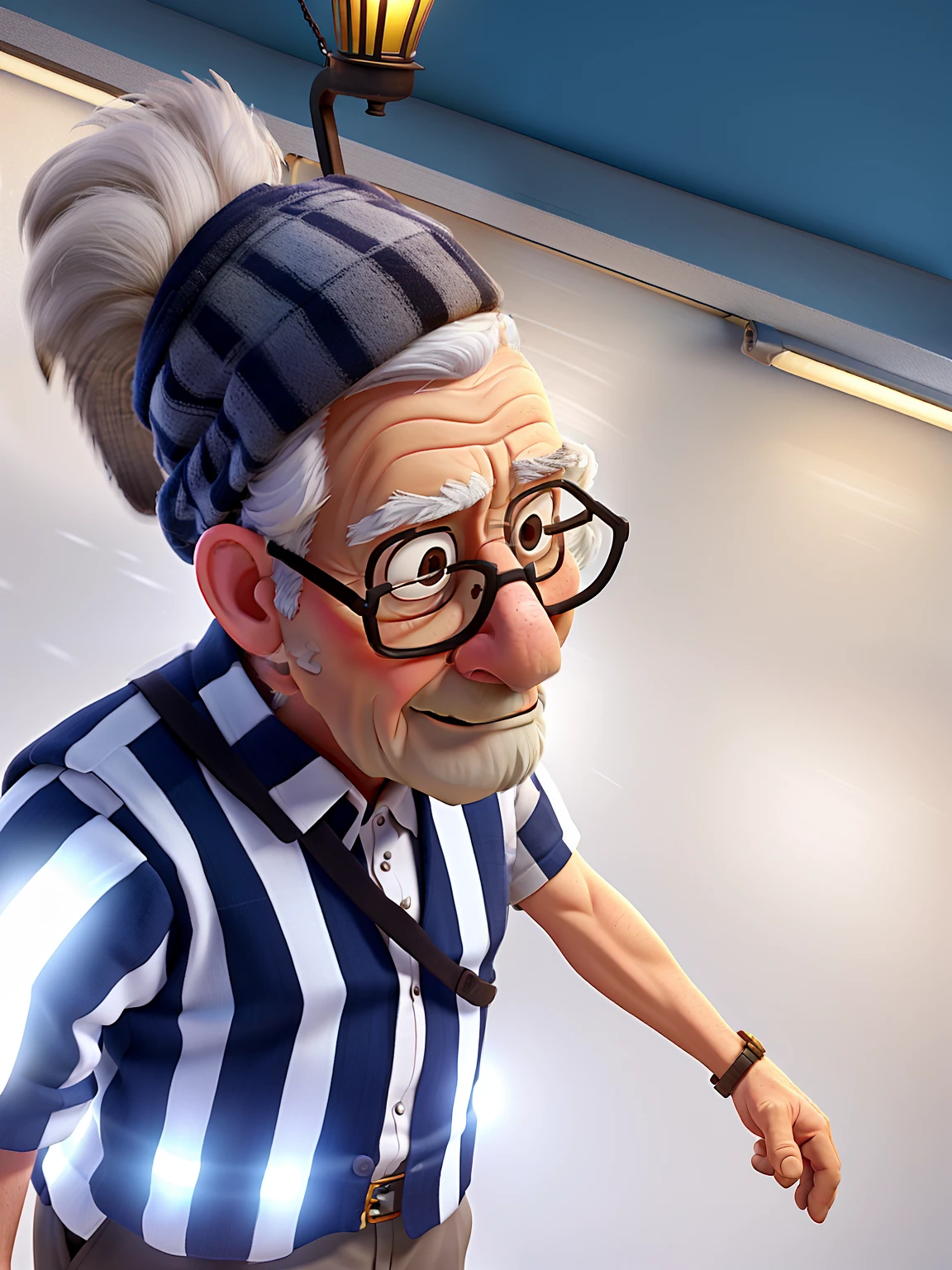 A wise old man standing in front, illuminated by the light of a lamp, against the backdrop of a library