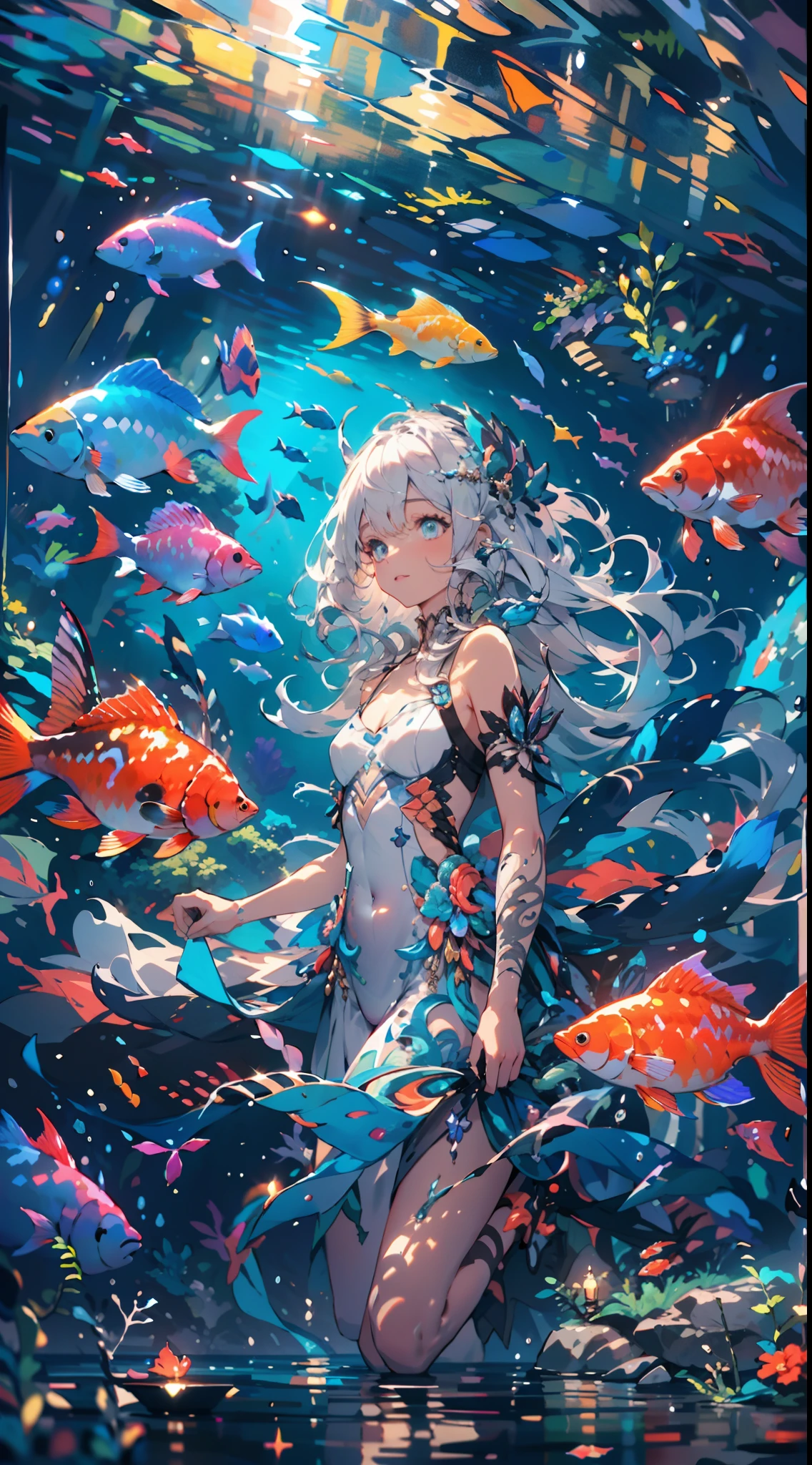 A girl with long white hair, beautiful detailed eyes, and lips is immersed in a mesmerizing undersea landscape. The artwork is created using various mediums such as digital illustration or 3D rendering. The main focus is on the vibrant marine life and its beautiful coral reefs, which come in different shapes, sizes, and colors. The fish swimming gracefully in the crystal-clear water adds a touch of liveliness to the scene. The female character, depicted as a full-body naked fantasy illustration, embodies a sense of elegance and awe-inspiring beauty. The image quality is of the highest standard, with ultra-detailed and photorealistic details. The overall art style leans towards a conceptual approach, combining elements of nature and fantasy. The color palette used is vivid, with a harmonious blend of blues, greens, and vibrant hues found in marine environments. The artwork is meticulously lit, with studio lighting techniques expertly capturing the interplay of light and shadow. The final result is a masterpiece that evokes a sense of wonder and invites viewers to immerse themselves in the enchanting world of marine life.