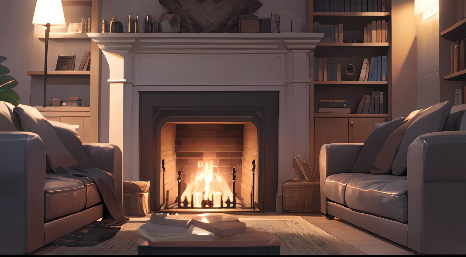 night indoors with fireplace winter illustration living top quality graphic dark interior dark colors bookcase sofa