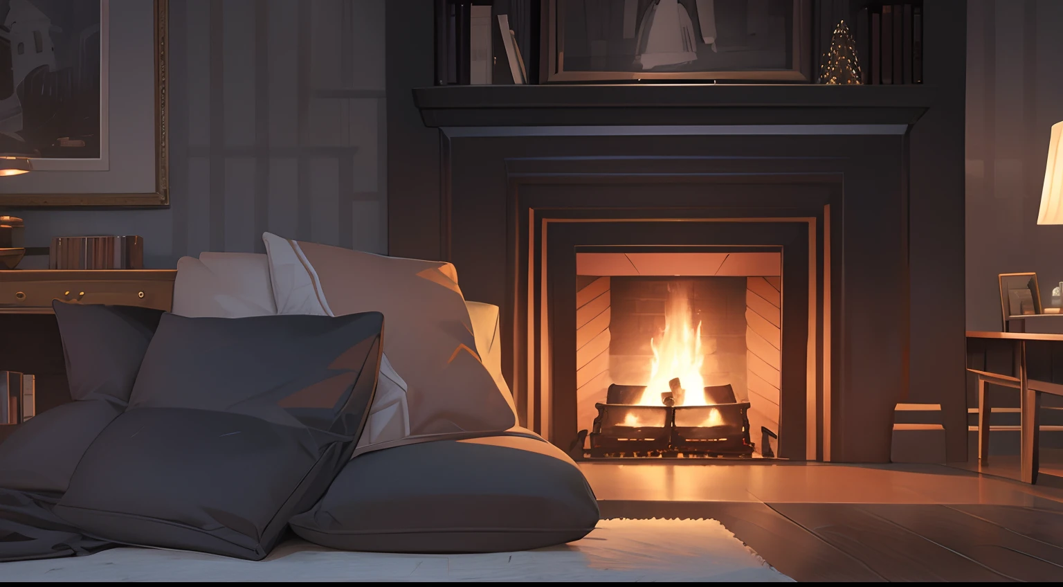 night indoors with fireplace winter illustration living top quality graphic dark interior dark colors bookcase sofa