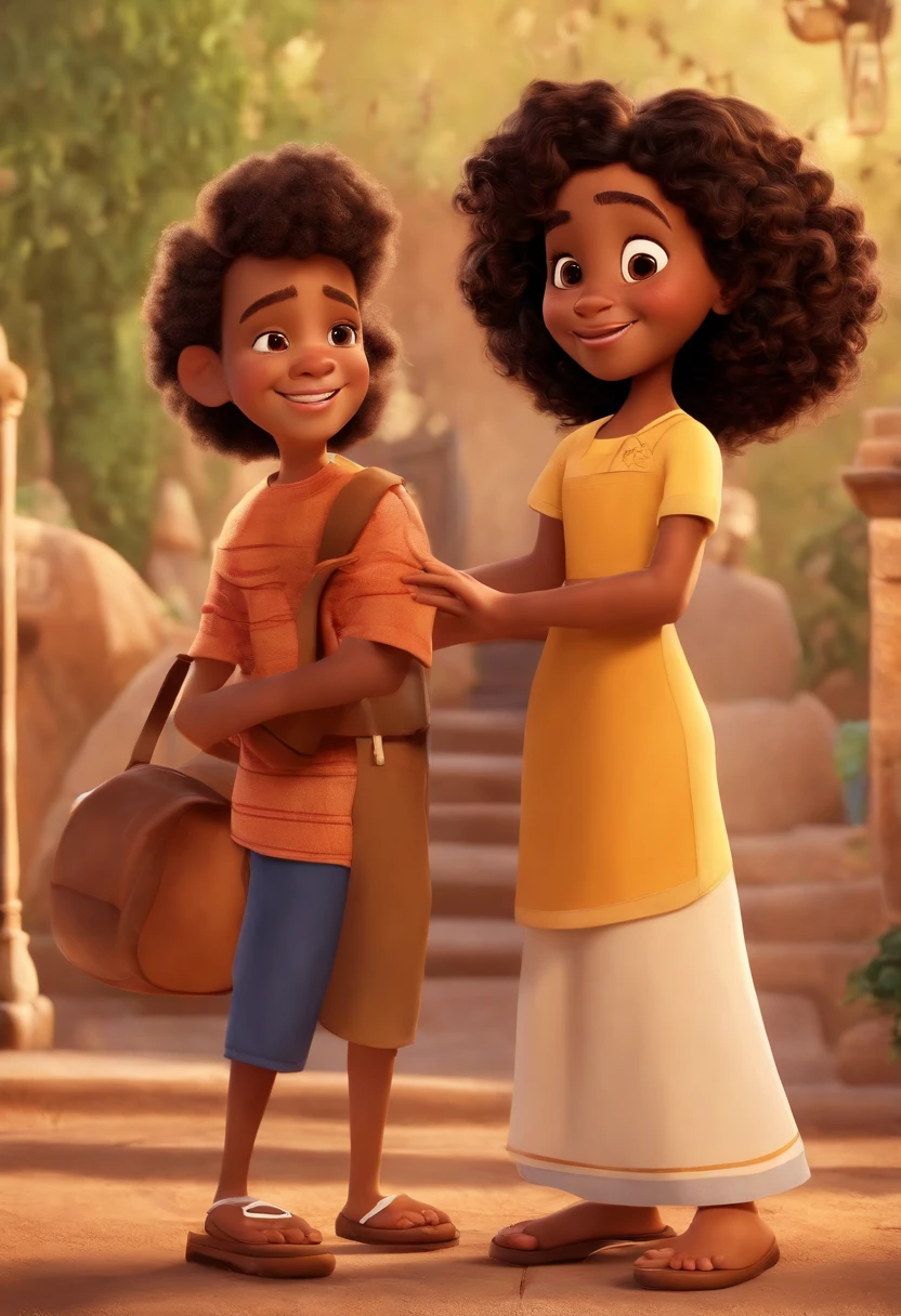 A Disney Pixar-inspired movie poster featuring an overweight woman with medium curly hair, olhos castanhos, Um homem branco cabelo castanho, sorriso largo com uma falha no meio dos dentes, Hugging the woman, A light black child with curly hair below the shoulder 13-year-old teenager, A 4-year-old black child with curly black hair and brown eyes, e uma menina morena de 10 anos com curtos cabelos castanhos ondulados. A cena deve ser no estilo de arte digital distinto da Pixar, with a focus on character expressions, Vibrant colors and detailed texture that are characteristic of his animations