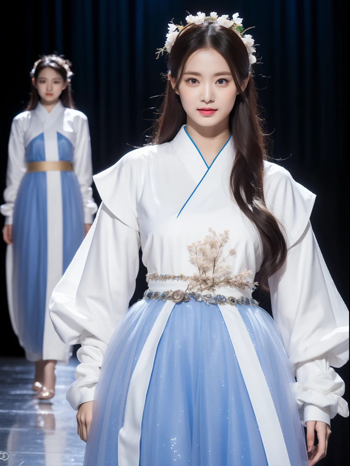 Colorful costume fashion catwalk，A Korean girl shows off her most beautiful hanfu fashion at a haute hanfu fashion show，International superstar model, Psychedelic stage，Ethereal atmosphere, (Anatomically correct, Delicate facial makeup , Pretty face, A perfectly proportioned face),（Advanced facial details：1.1），A collection of shiny blue luxury hanfu dresses，Gorgeous Hanfu dresses，full-body view，Goddess of Hanfu，真实感，Amazing, Cinematic lighting, Sony FE GM, Wide-angle, first person perspective, 8K, hyper HD, Masterpiece, ccurate, Textured skin, High details, Best quality, Award-Awarded，Long-range shooting，Sense of distance