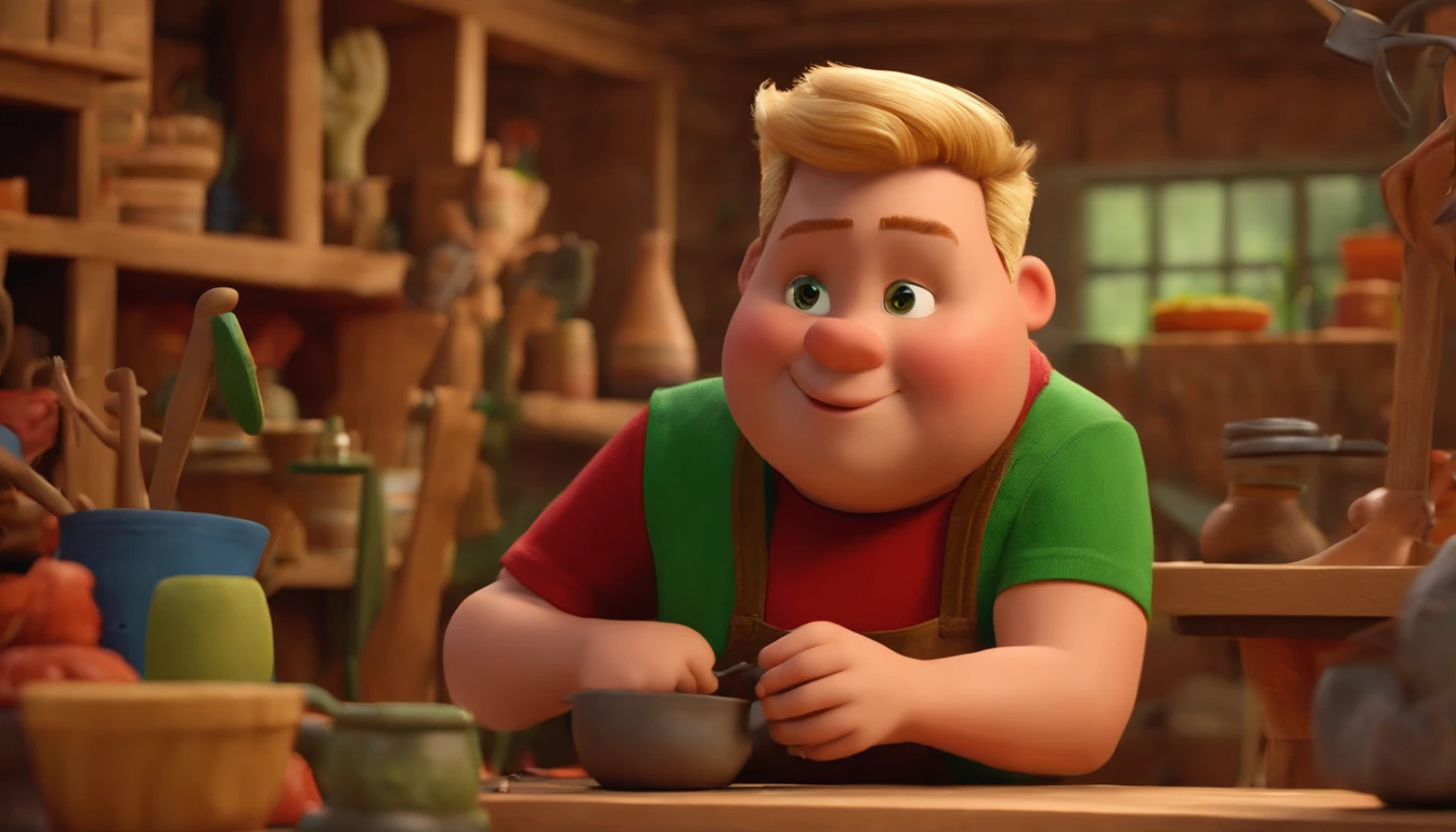 masterpiece, best quality, "create a Disney pixar cartoon style 3d image". Man, 30s, blonde, short hair, green eyes, smiling, fat, dressed in casual clothes and apron, in a craft workshop with carving tools on the walls, carving a colorful African sculpture