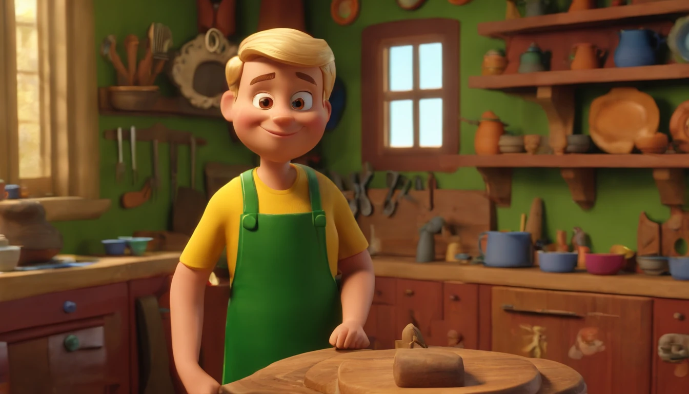 masterpiece, best quality, "create a Disney pixar cartoon style 3d image". Man, 30s, blonde, short hair, green eyes, smiling, fat, dressed in casual clothes and apron, in a craft workshop with carving tools on the walls, carving a colorful African sculpture