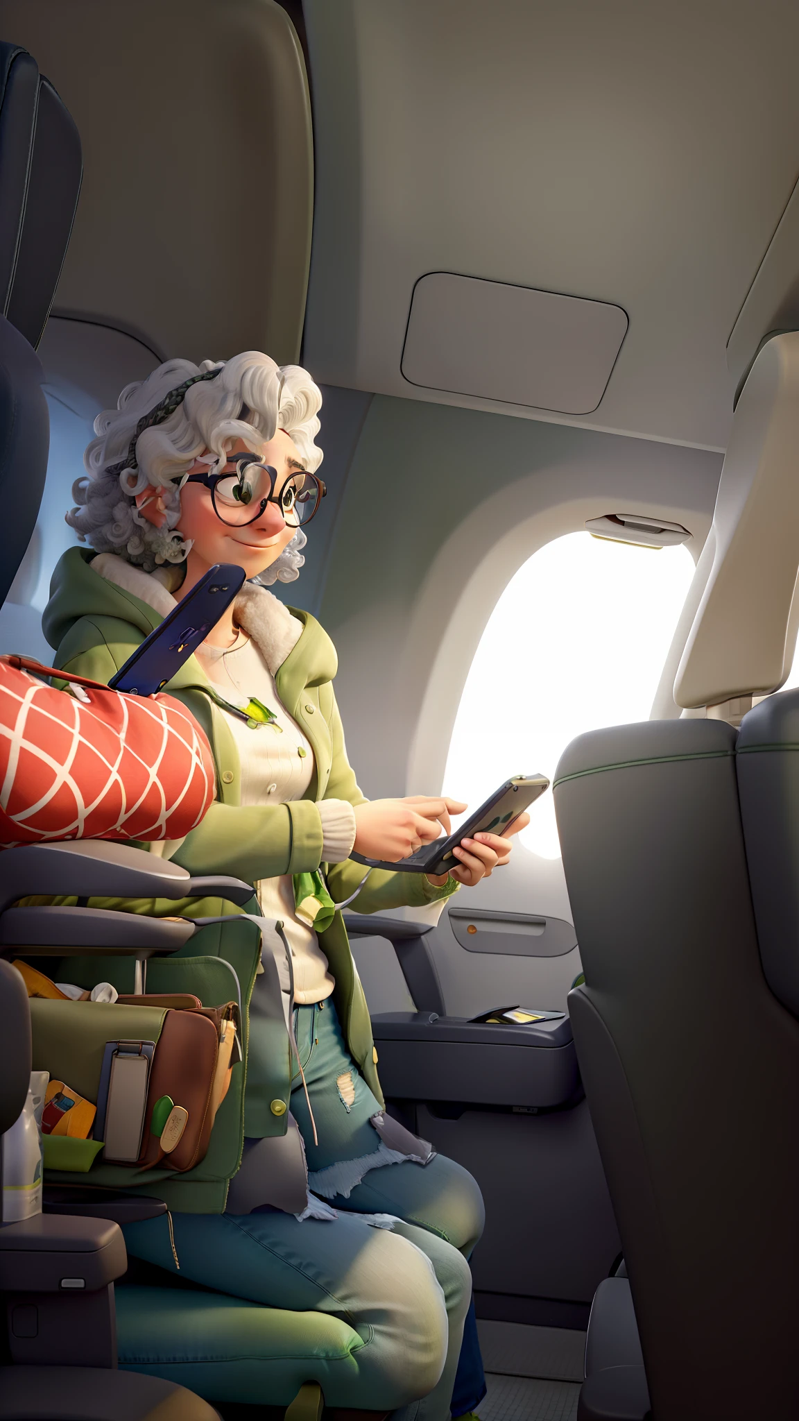 Masterpiece, of the best quality, a woman with glasses, curly white hair, wearing a green coat, jeans, looking on a cell phone, on an airplane, on the next seat there are bags