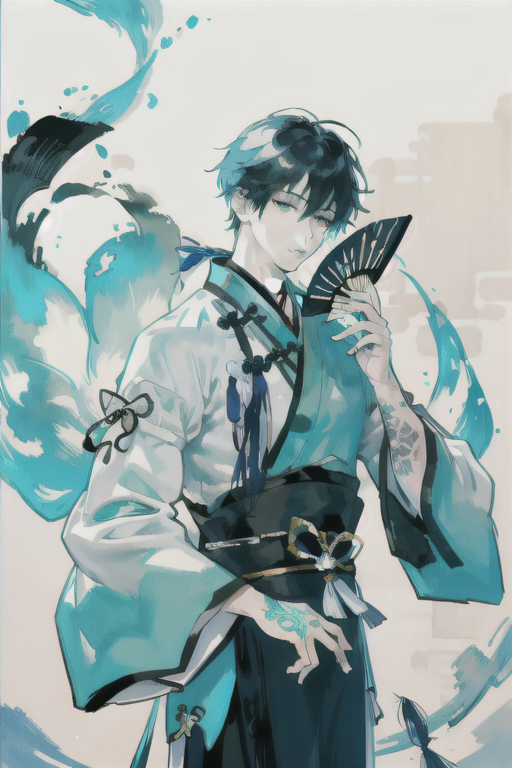 Mono Color, Ink sketch, 1boy,Young men,One hand holds a fan, Combat posture, looking at viewert, long whitr hair, Floating hair, Hanfu, Chinese clothes, longer sleeves, (abstract ink splash:1.2), Bamboo background