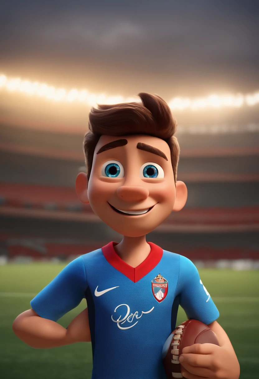 Garoto, estilo disney, tom de pele: claro:  Cabelo: marrom escuro, liso, curto, penteado para o lado direito. Paraná club football shirt :, Cor azul e vermelha . Fundo: Gray and white gradient,Comemorando, Hands raised, sorrindo, feliz, (estilo pixar) (obra-prima:1.2) (bokeh) (melhor qualidade) (pele detalhada) (textura detalhada) (8k) (claymation) (cinematic lighthing) (foco nítido