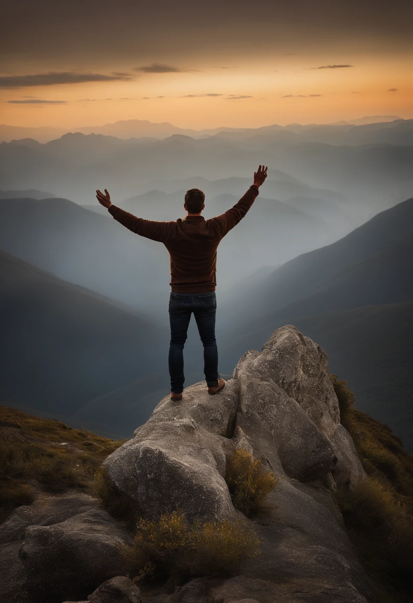 Man standing on a rock with his arms outstretched in the air, no topo de uma montanha, no topo de uma montanha, em frente a uma montanha, Standing on top of a mountain, no topo de uma montanha, com montanhas ao fundo, standing on mountain, Epic mountains in the background, Moutain no fundo