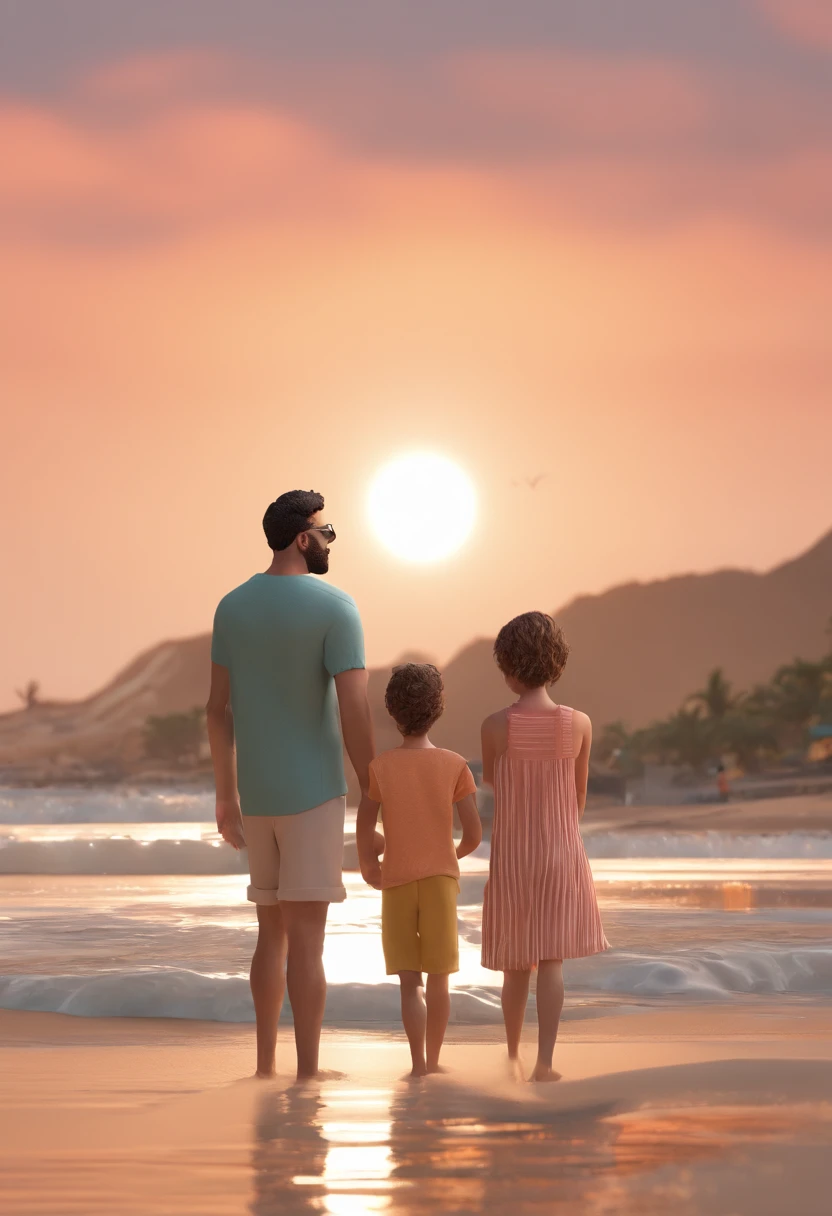 There's a man and two kids on the beach with a man holding a child, on the ocean water, fami, garotada, Directed by: Felipe Seade, na praia, standing near the beach, standing at the beach, holiday season, O oceano ao fundo, daniel mirante, Praia, Directed by: Juan O'Gorman, posando em uma praia com o oceano